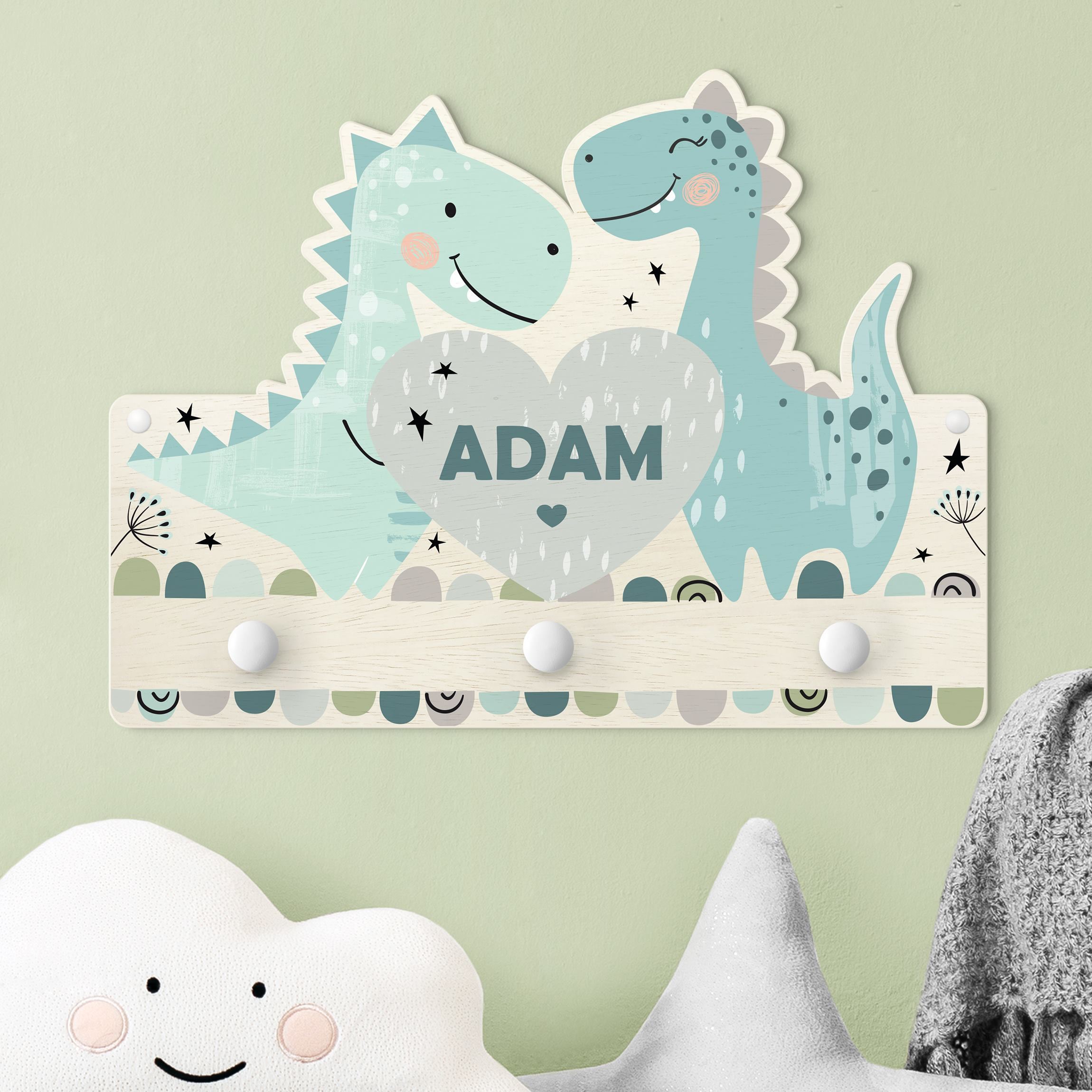 Kindergarderobe Holz mit Namen Dino Pastell mit Wunschname