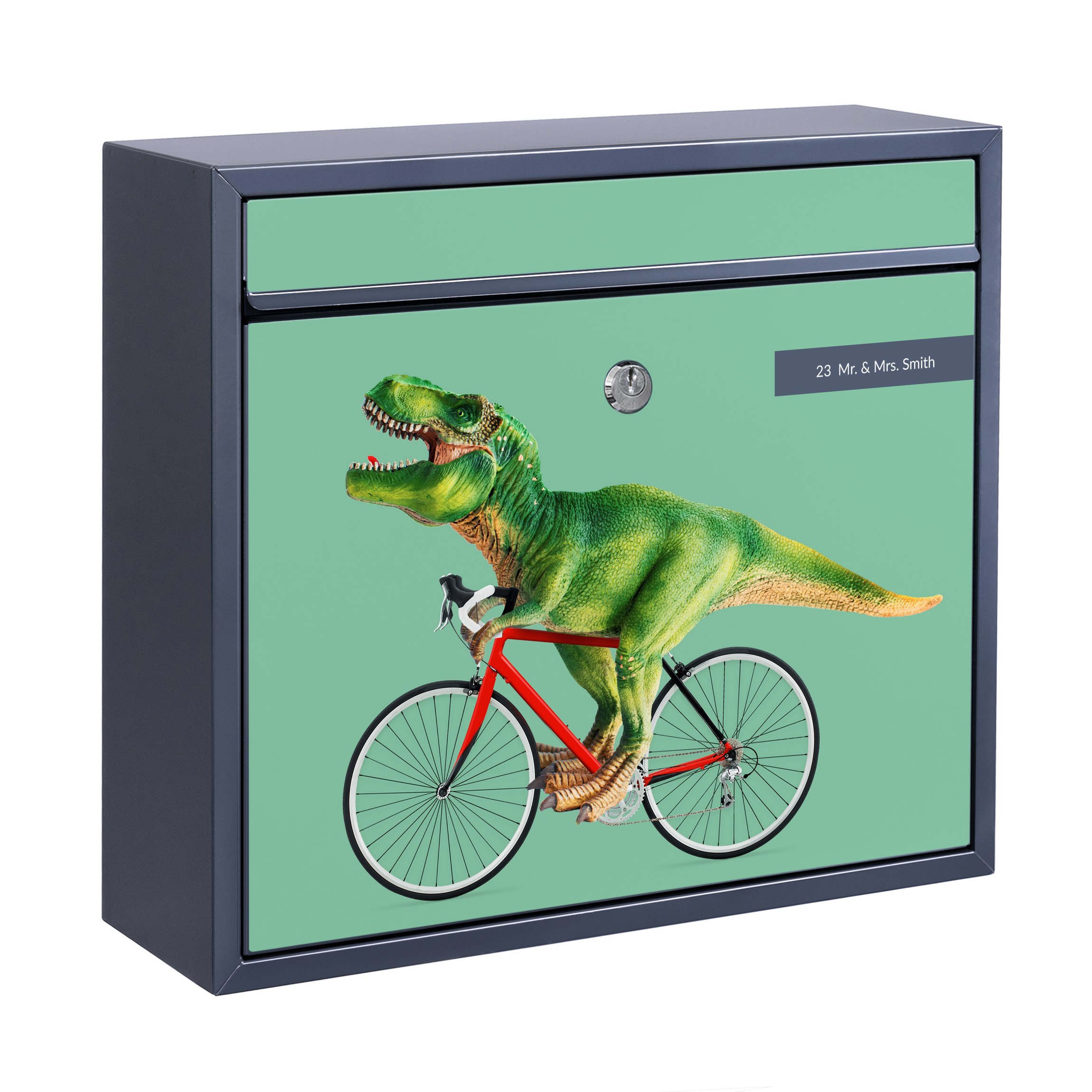 Briefkasten mit eigenem Text Dinosaurier mit Fahrrad