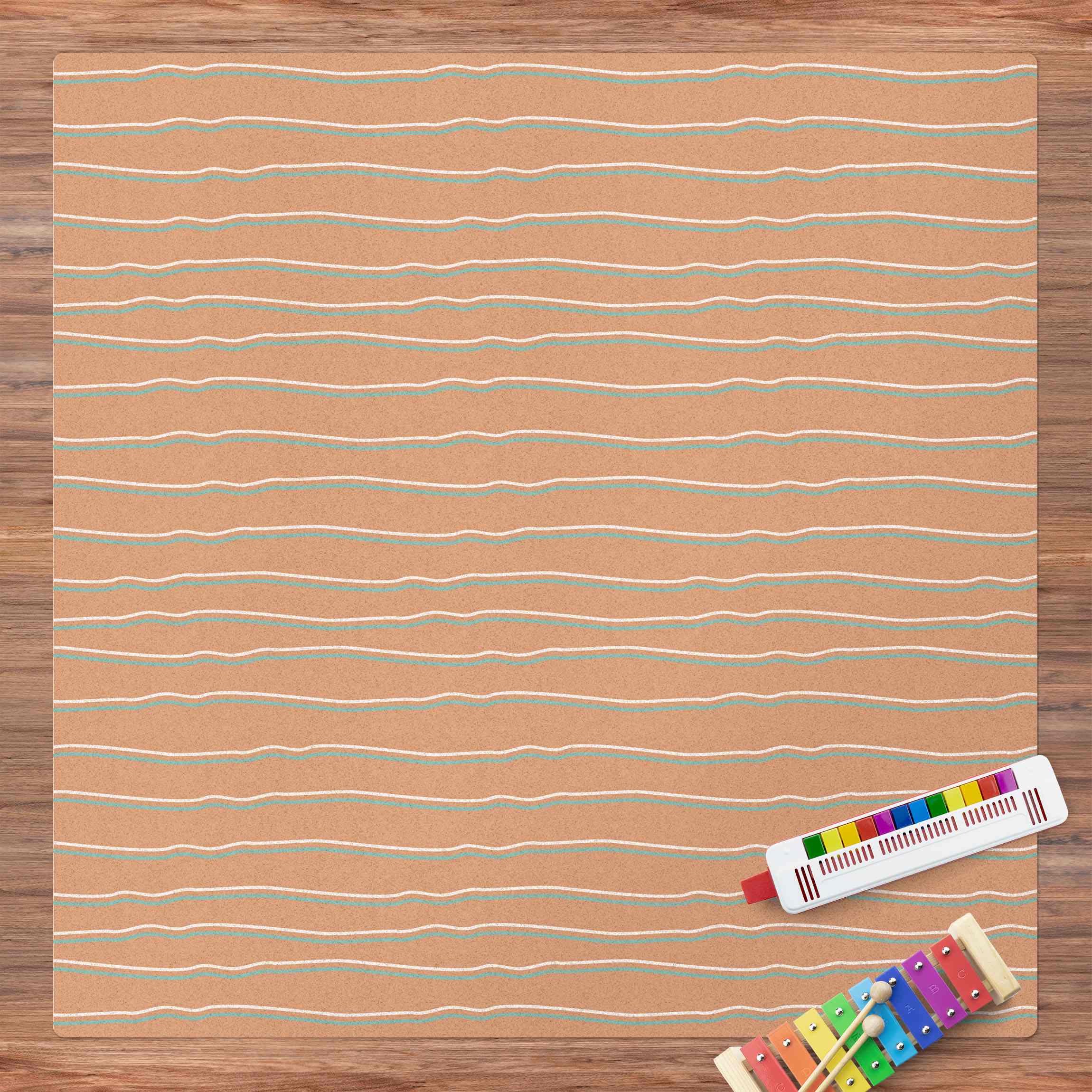 Kork-Teppich Doppellinie in Mint Weiß