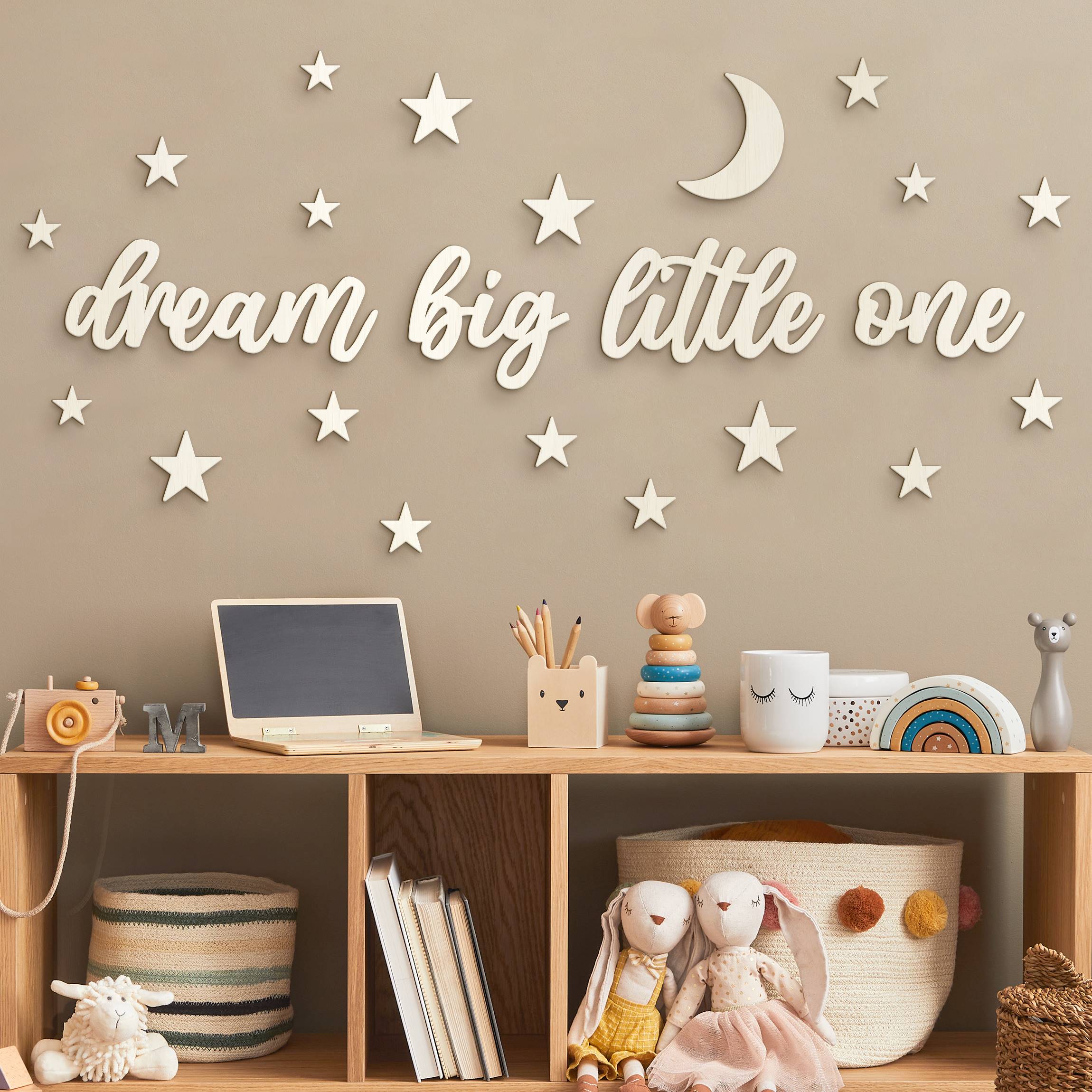 Wanddeko Holz 3D-Schriftzug Dream big little one - Mond & Sterne