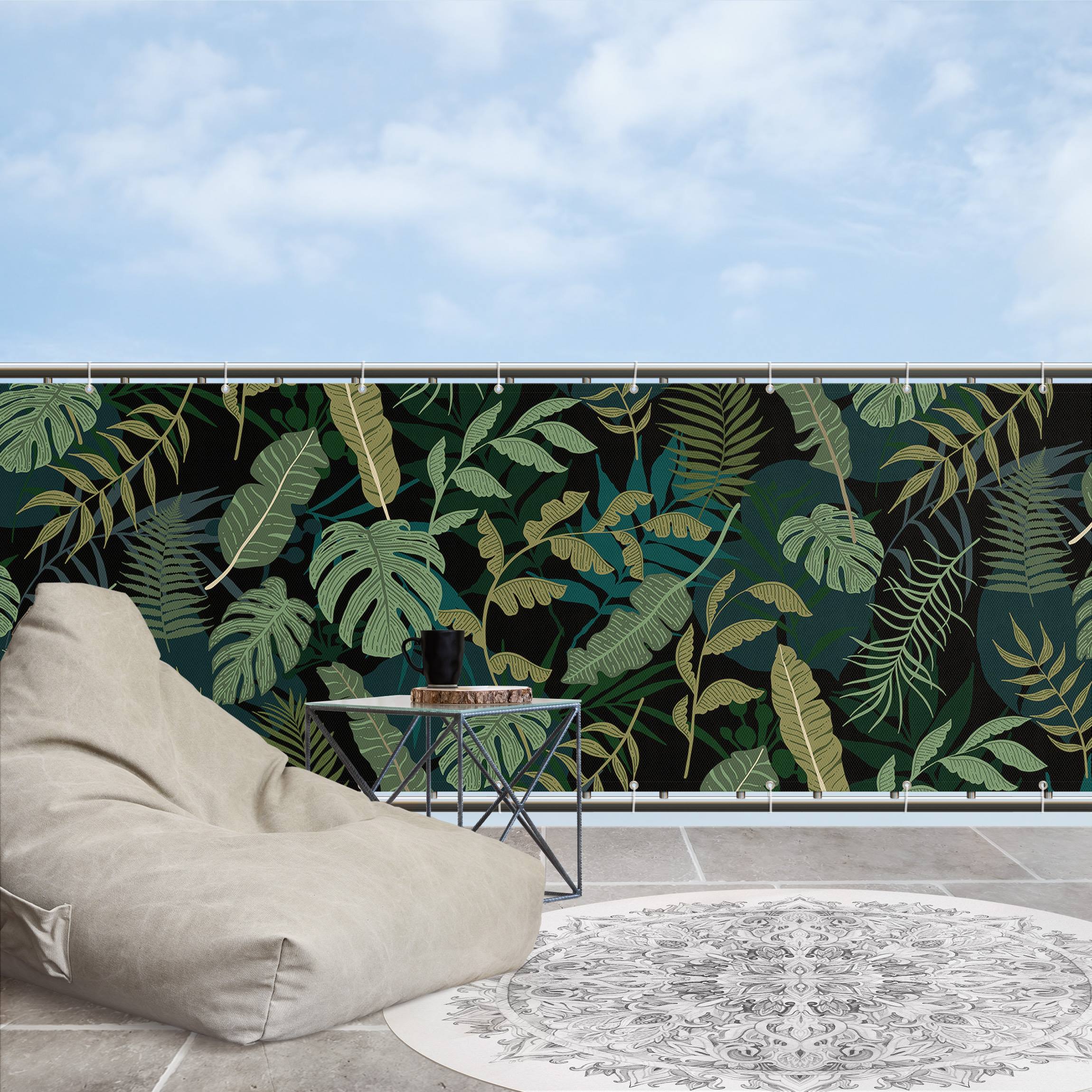 Balkon Sichtschutz Dschungel Blätter auf Schwarz