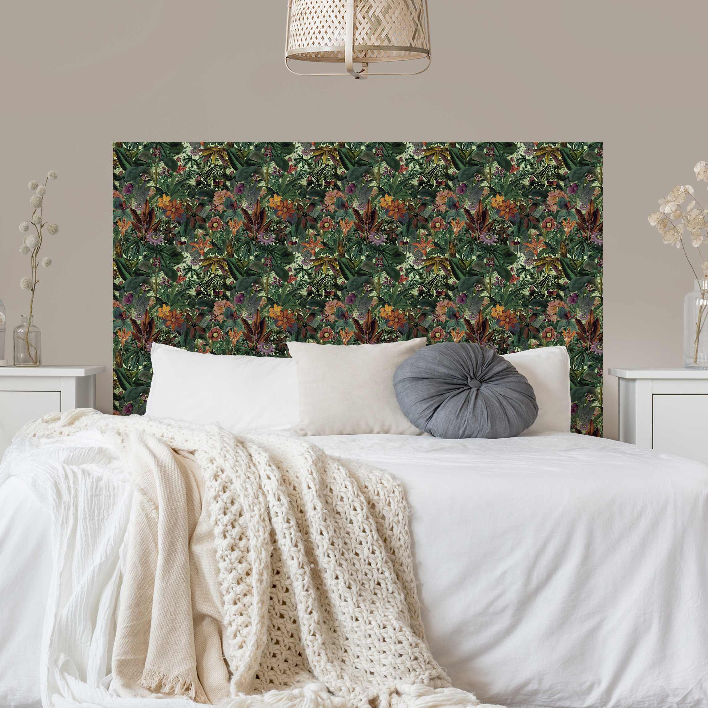 Kopfteil Bett Dschungel Blätter und Blüten in Orange und Grün