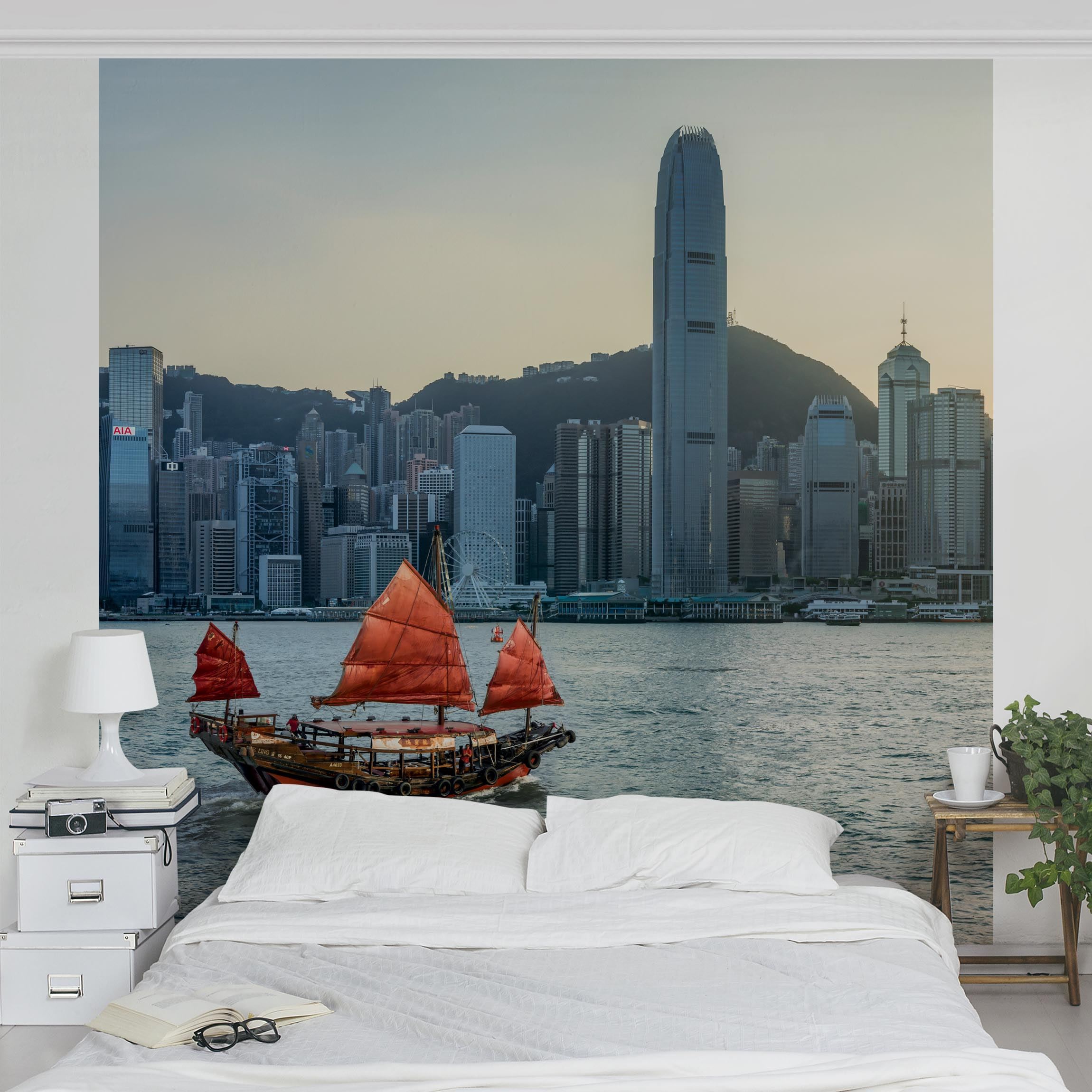 Fototapete Dschunke im Victoria Harbour