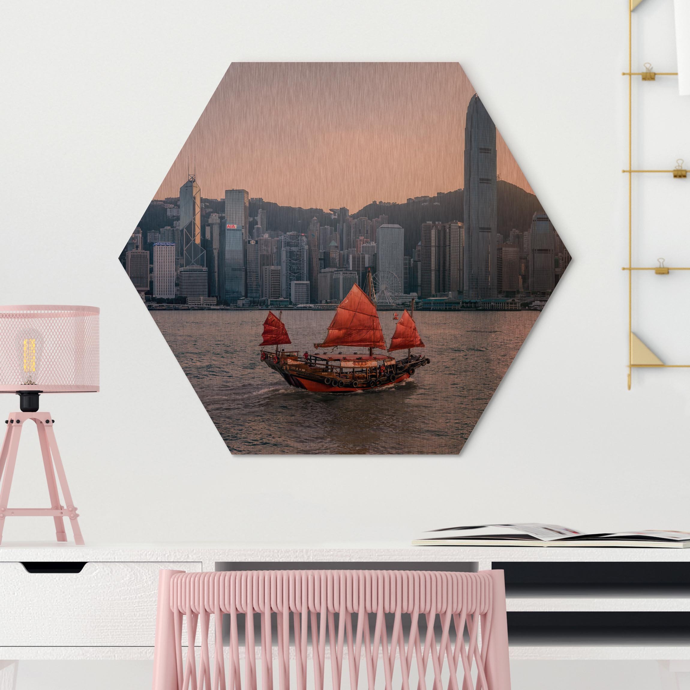 Hexagon-Alu-Dibond Bild Dschunke im Victoria Harbour