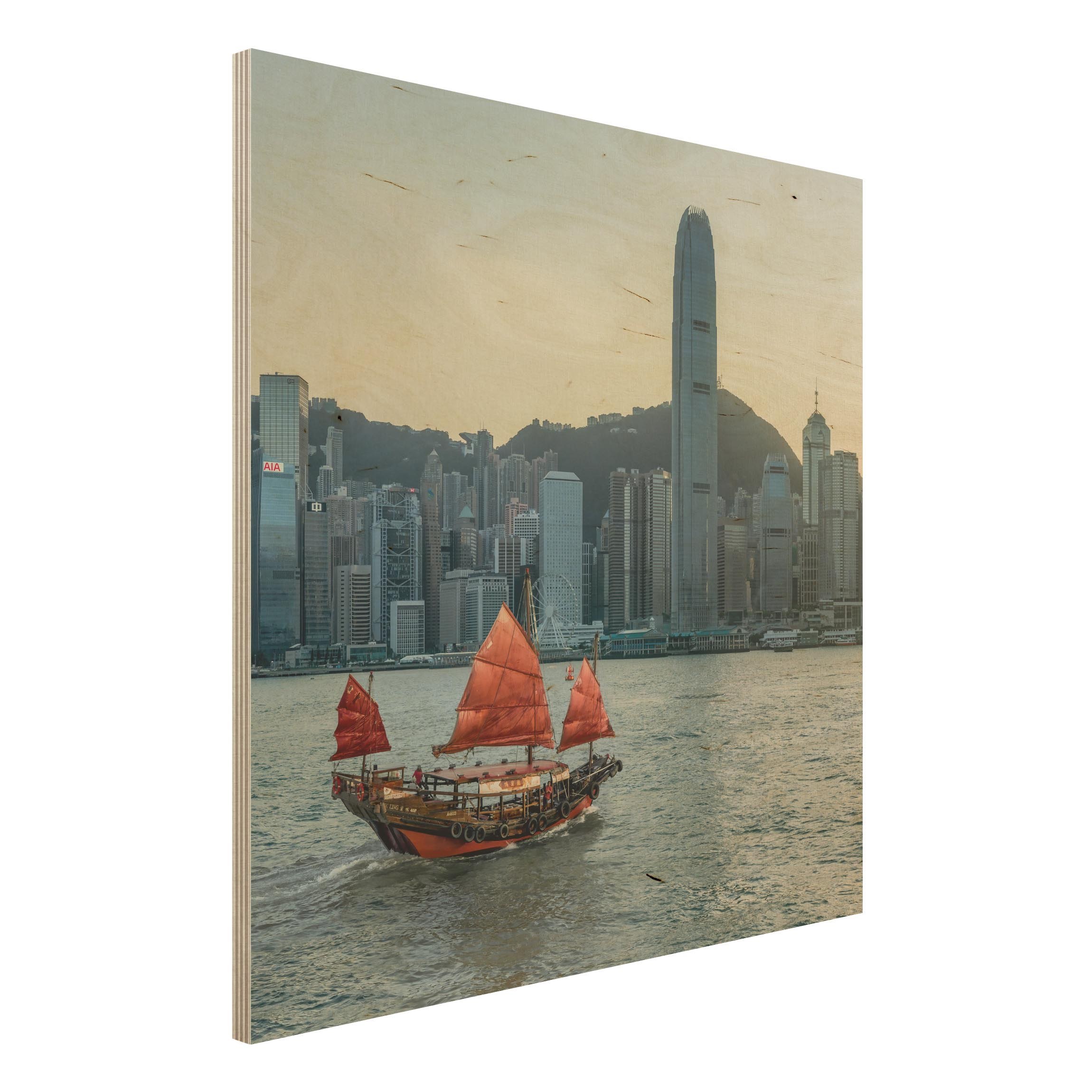 Holzbild Dschunke im Victoria Harbour