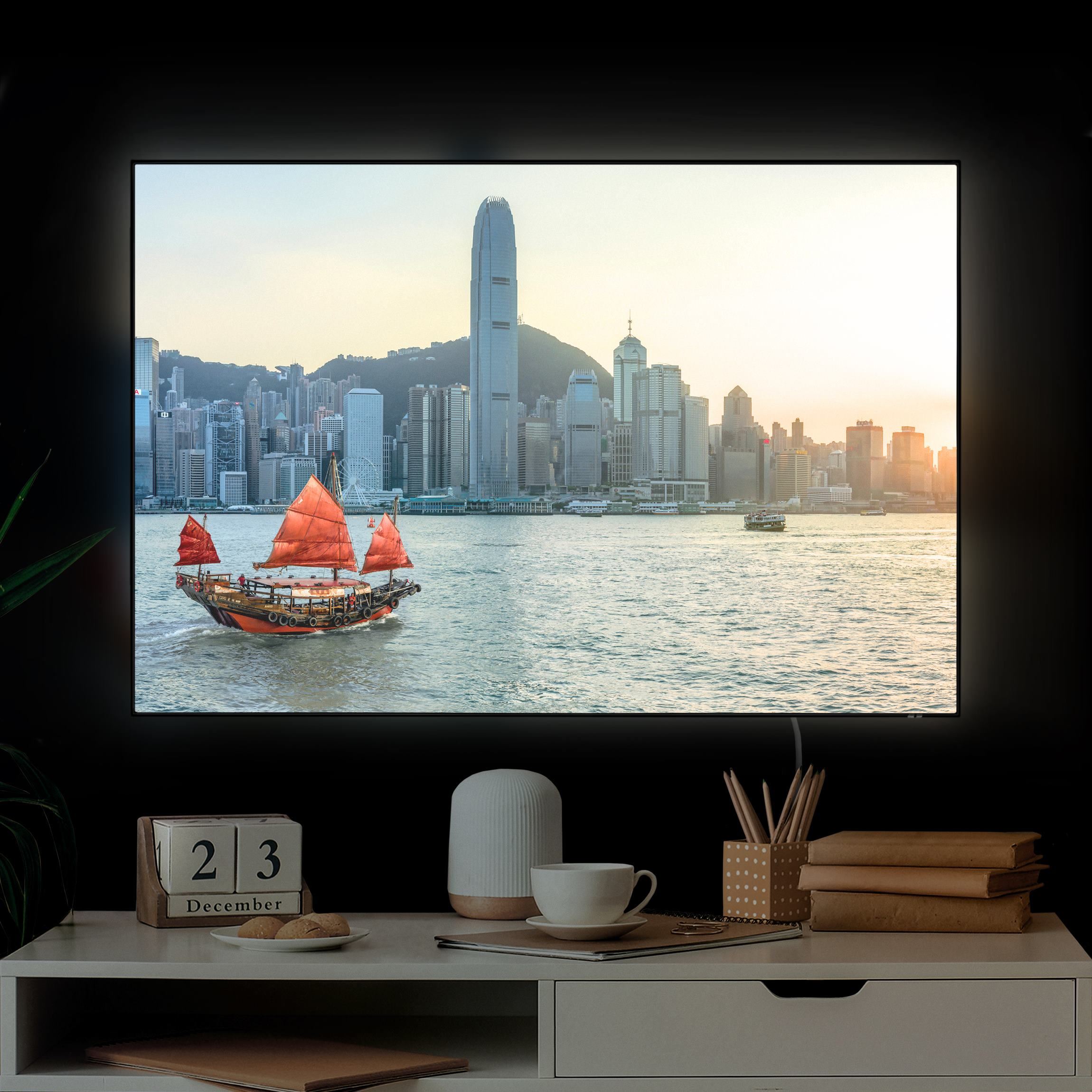 LED-Wechselbild Dschunke im Victoria Harbour