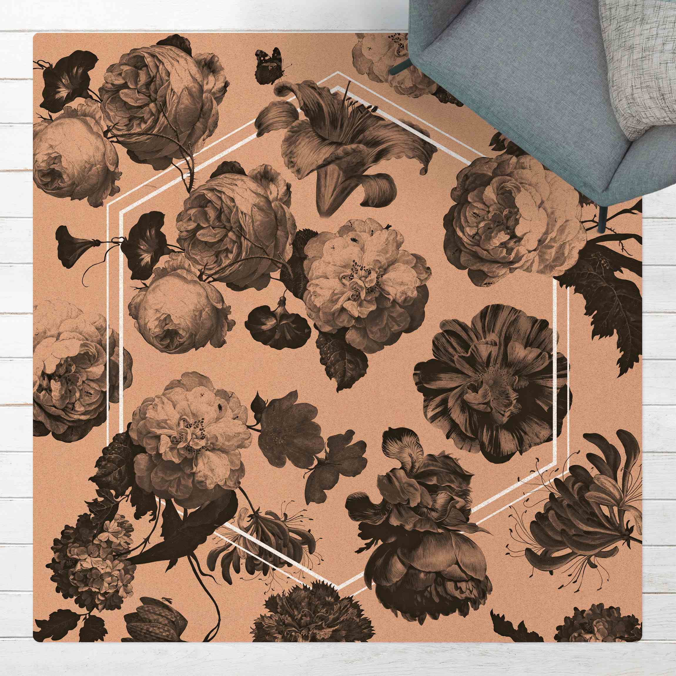 Kork-Teppich Dunkle Barockblüten mit weißer Geometrie