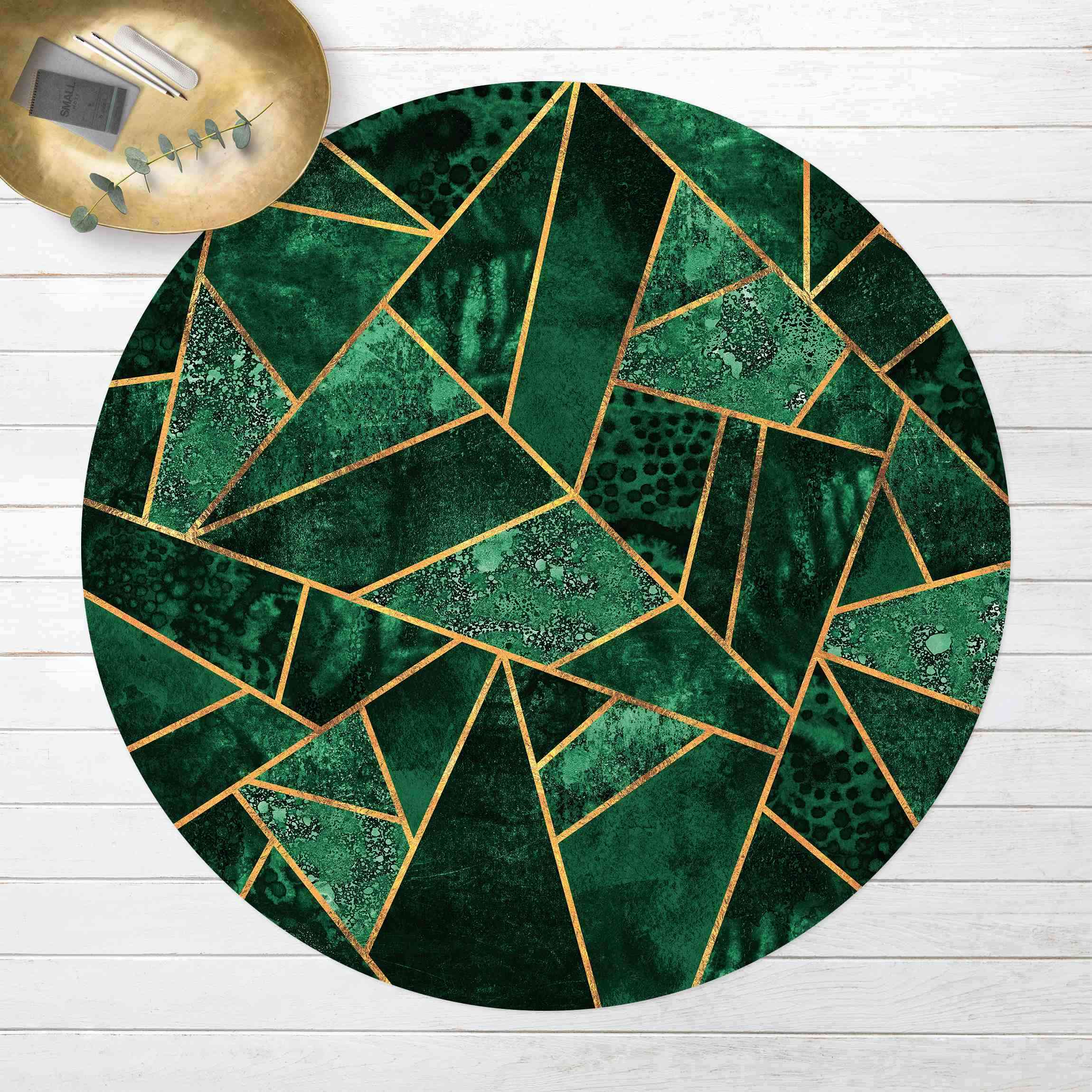 Runder Vinyl-Teppich Dunkler Smaragd mit Gold