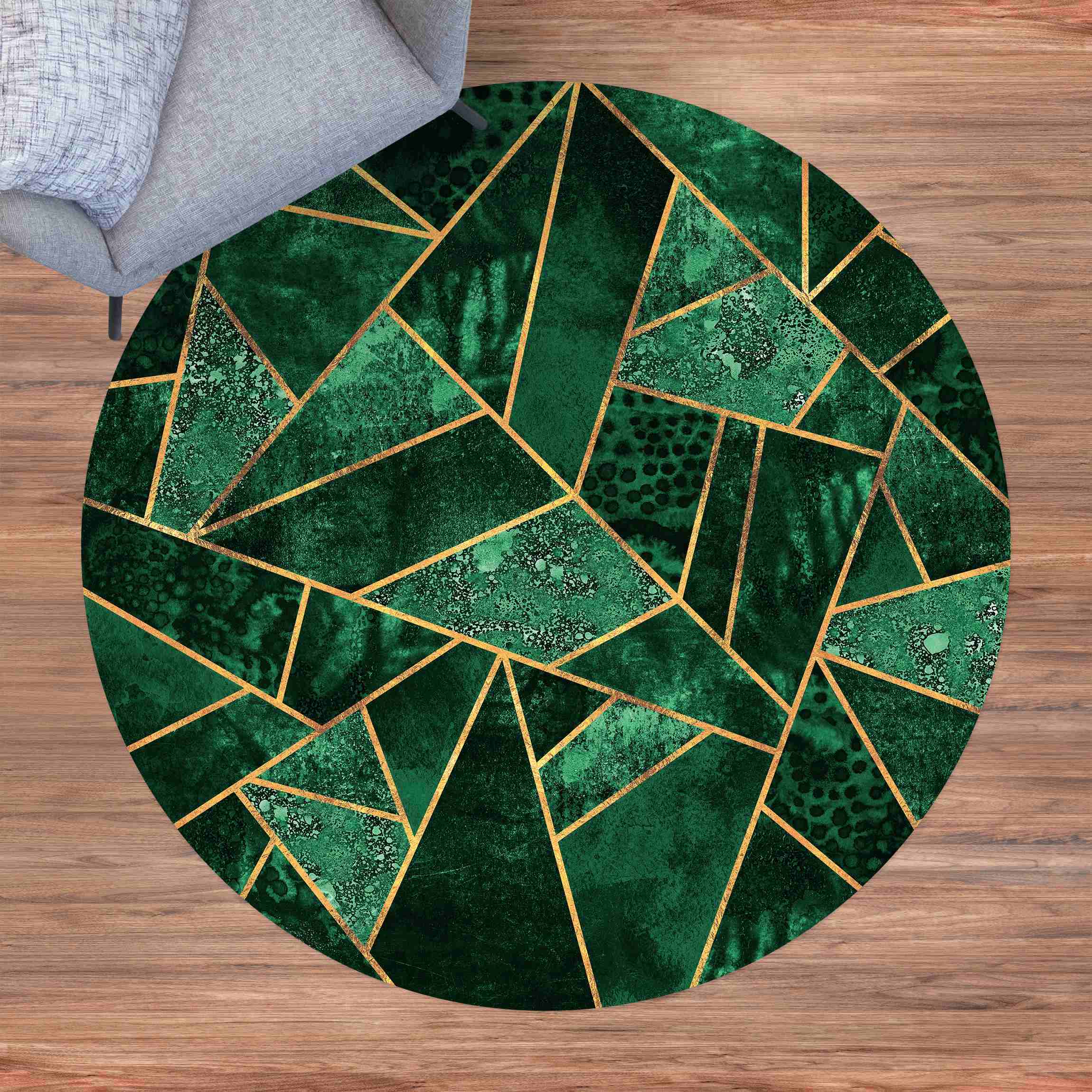 Runder Vinyl-Teppich Dunkler Smaragd mit Gold