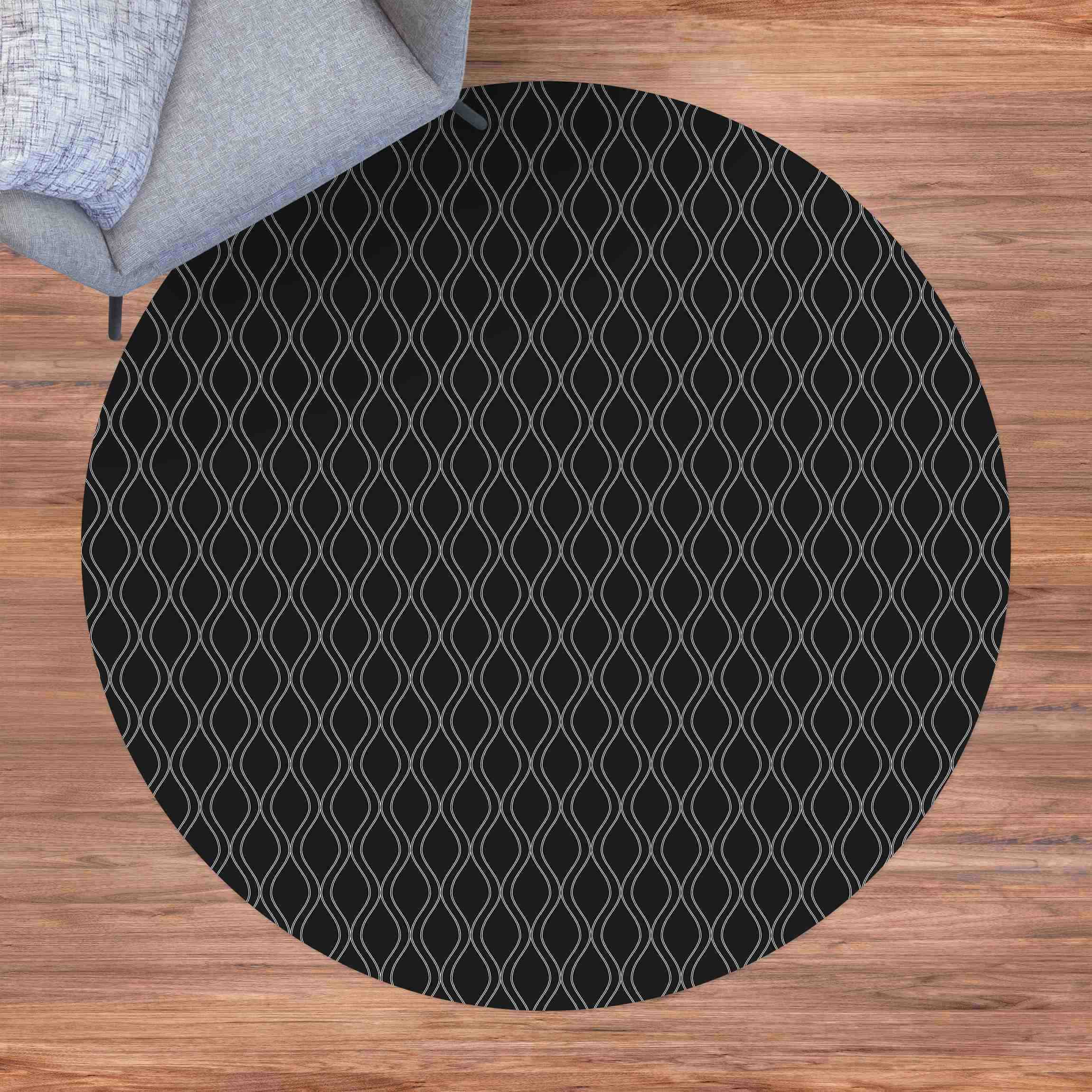 Runder Vinyl-Teppich Dunkles Retro Muster mit grauen Wellen