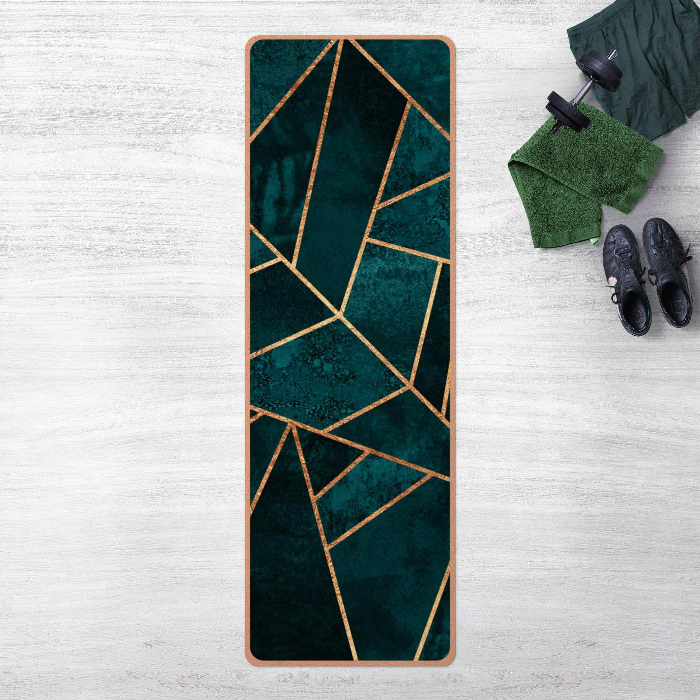 Yogamatte Kork Dunkles Türkis mit Gold