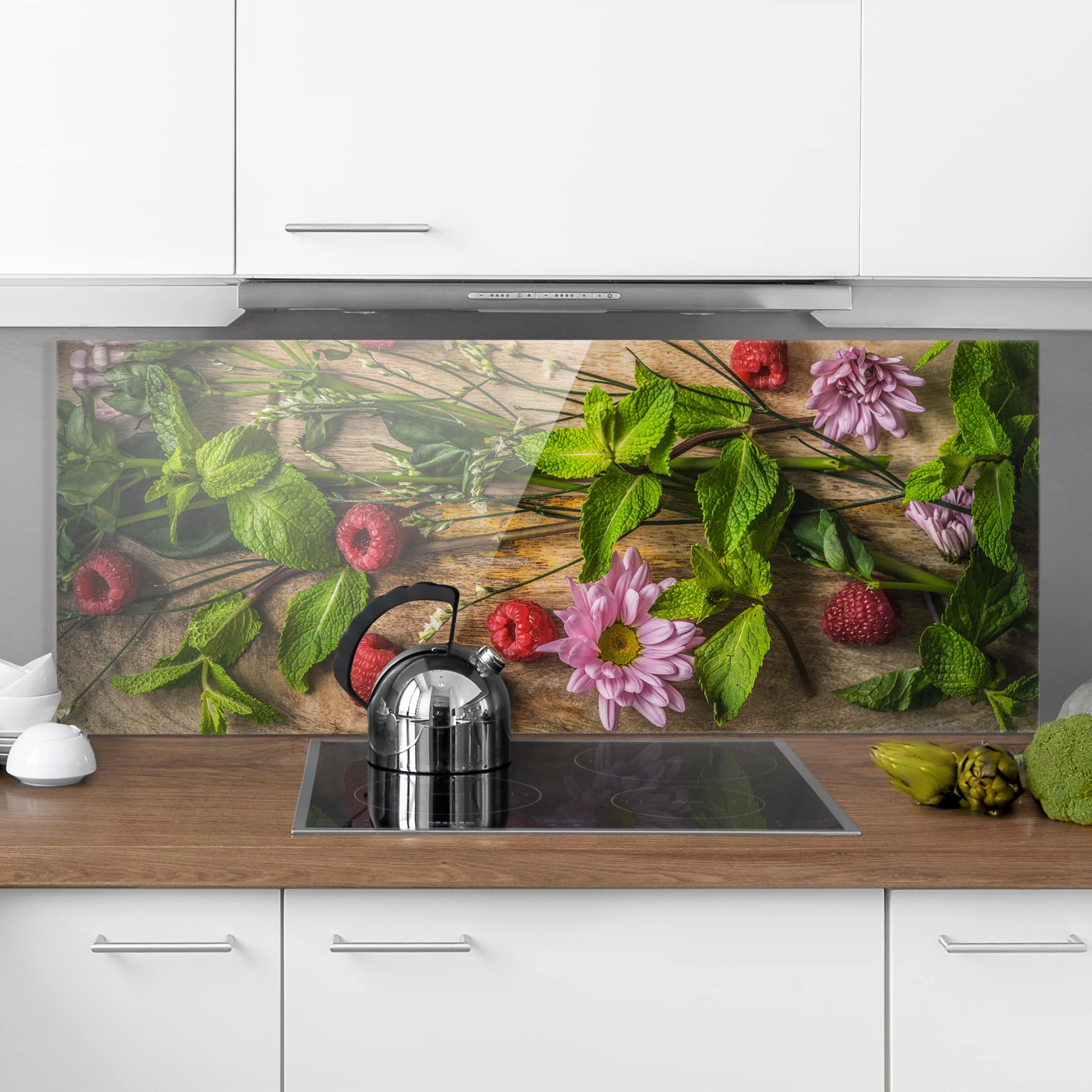 Glas Spritzschutz Blumen Himbeeren Minze
