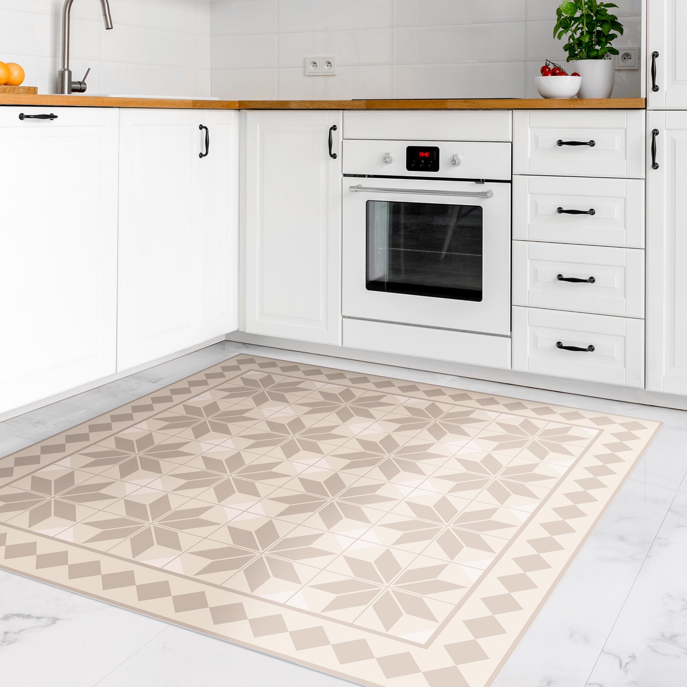 Vinylteppich Geometrische Fliesen Sternblume Sand mit Bordüre