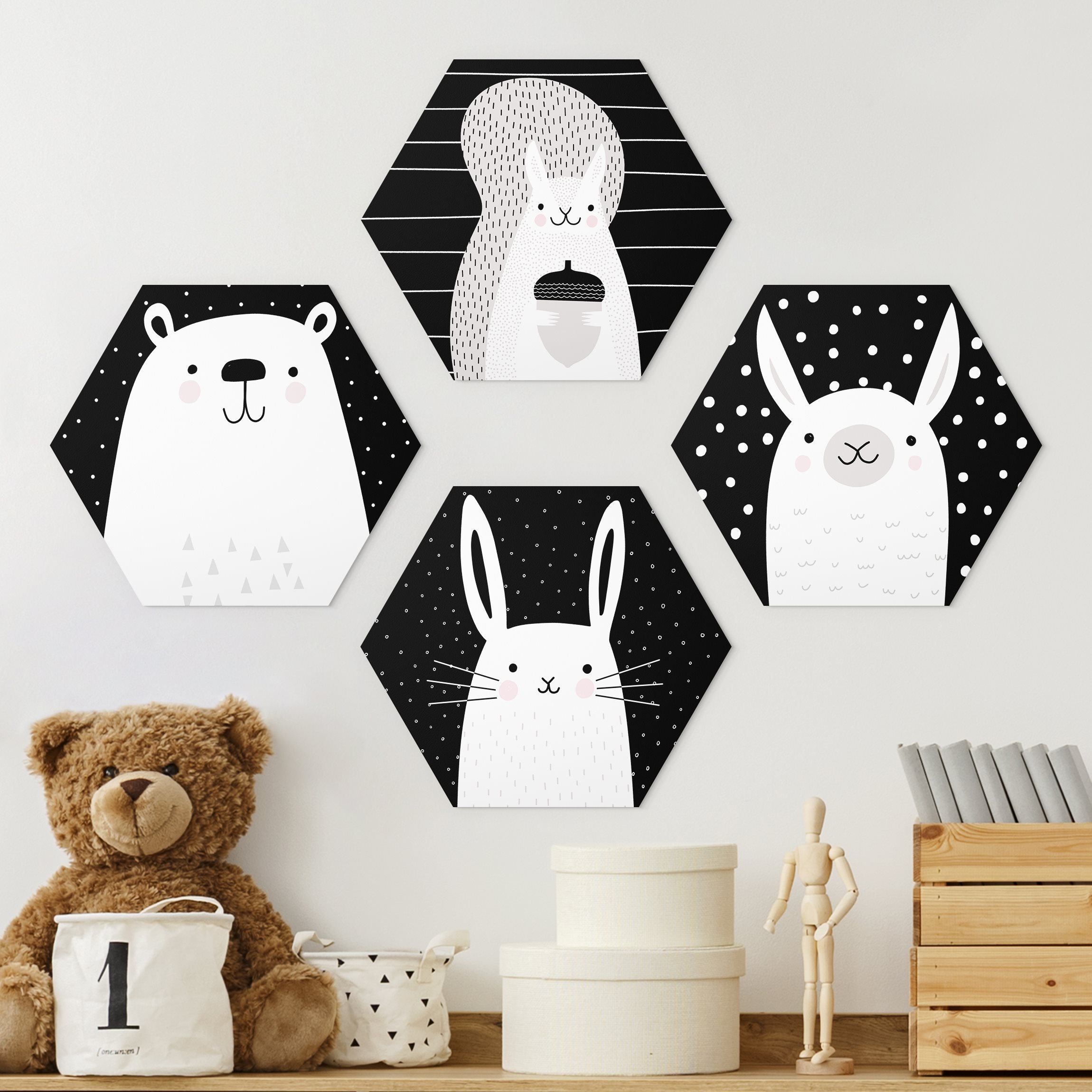 4-teiliges Hexagon-Alu-Dibond Bild Tierpark - Eichhörnchen Eisbär Hase Lama