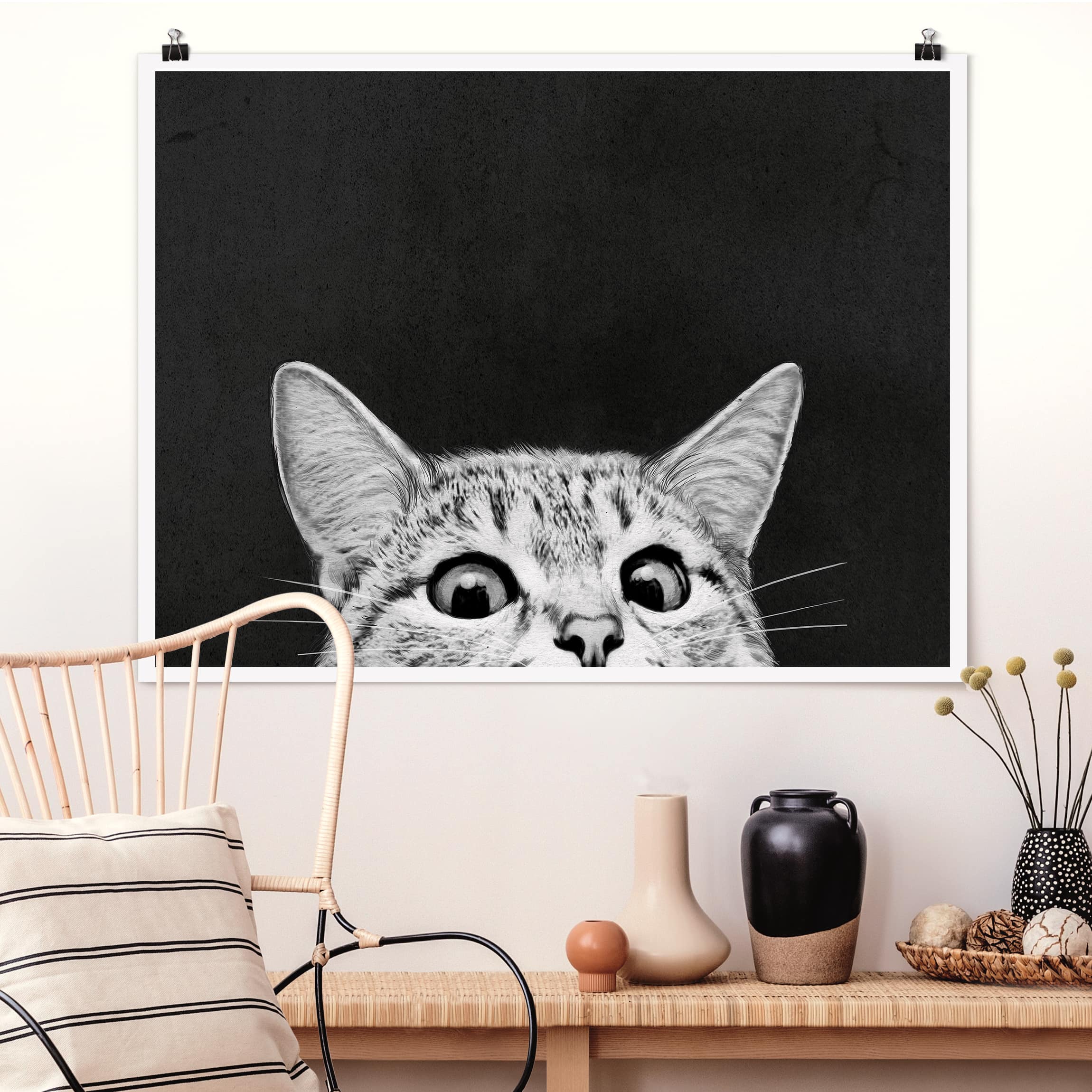 Poster Illustration Katze Schwarz Weiß Zeichnung