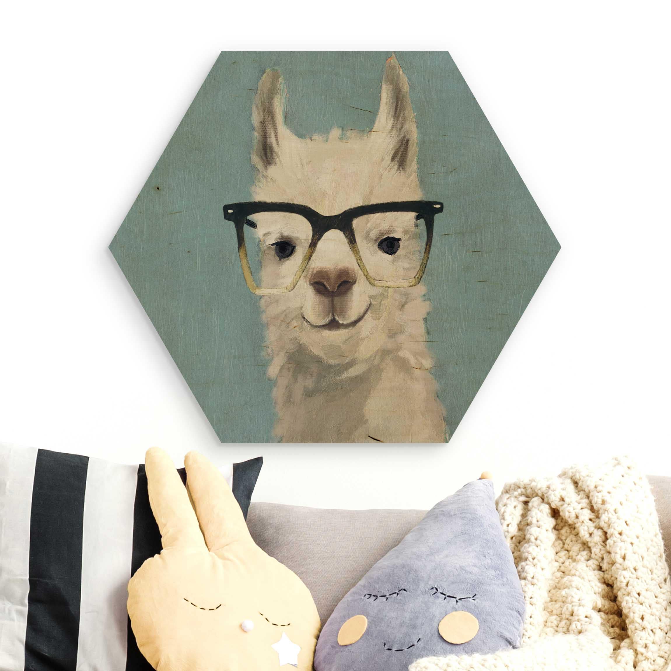 Hexagon-Holzbild Lama mit Brille IV