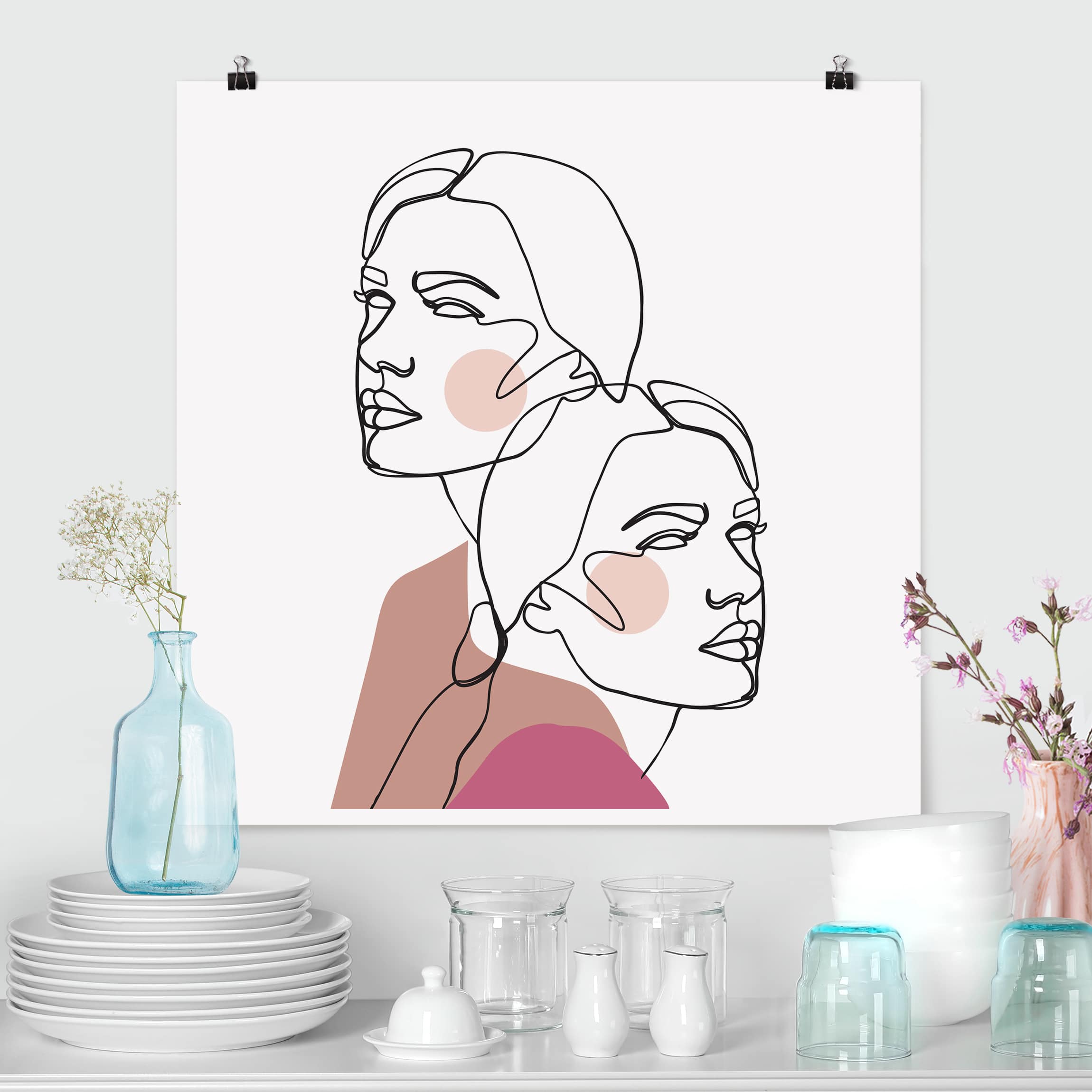 Poster - Quadrat Line Art Frauen Portrait Wangen Rosa