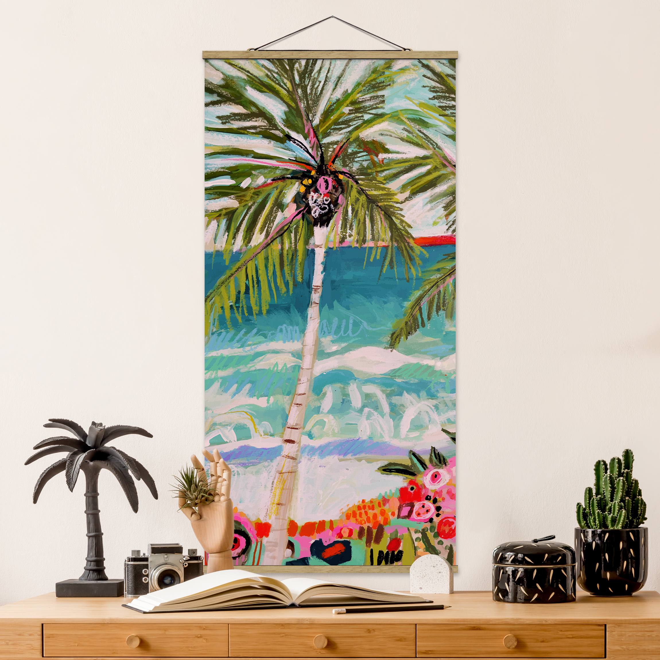 Stoffbild - Hochformat Palme mit pinken Blumen I