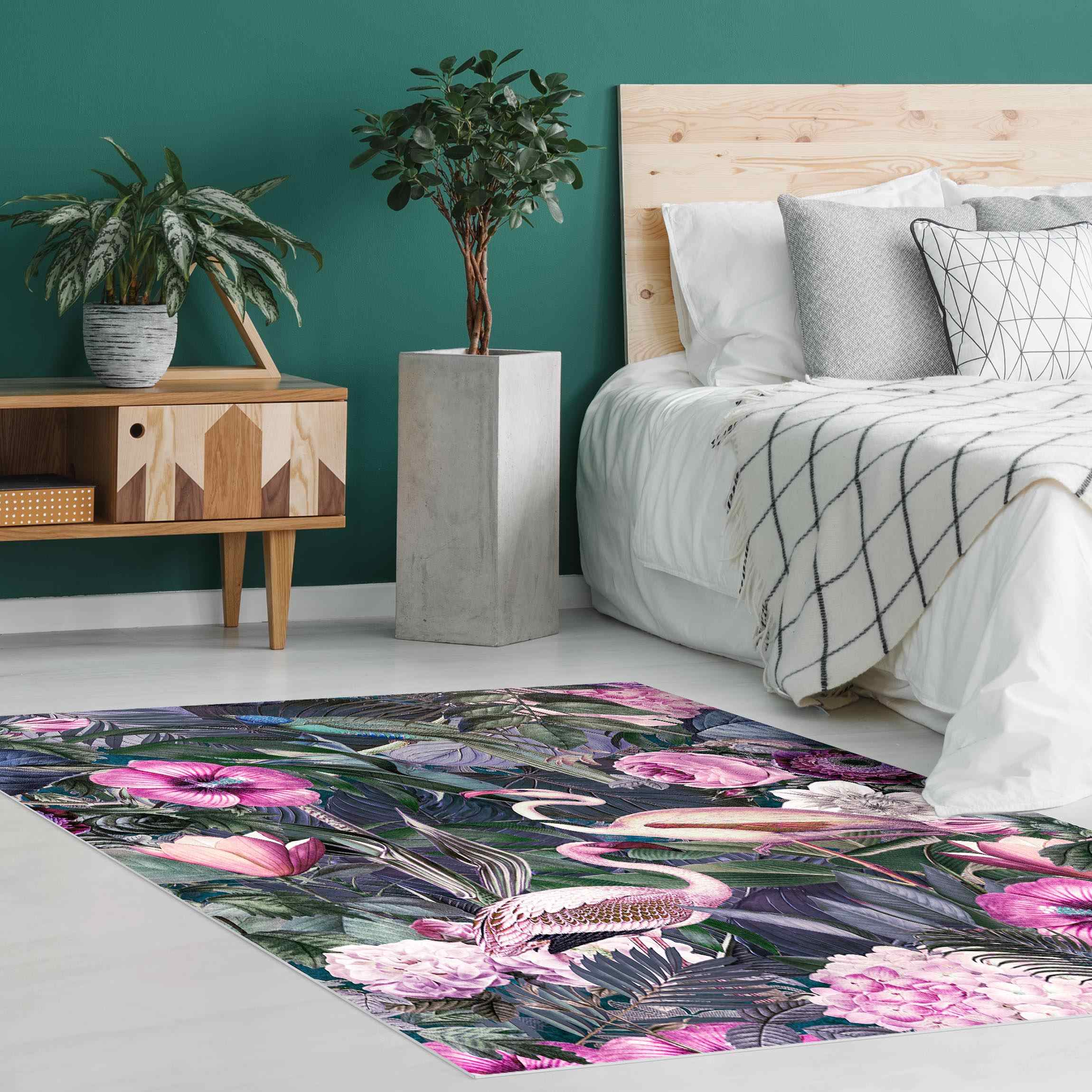 Vinylteppich Bunte Collage - Pinke Flamingos im Dschungel