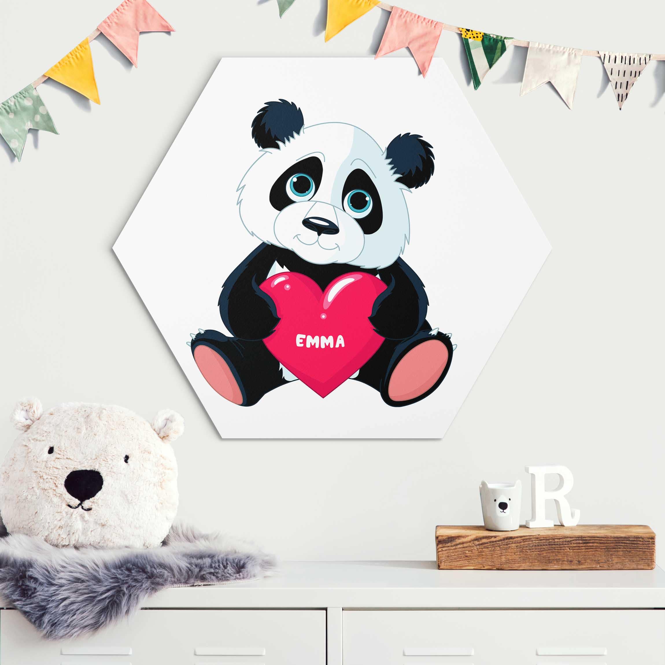 Hexagon-Alu-Dibond Bild Panda mit Herz