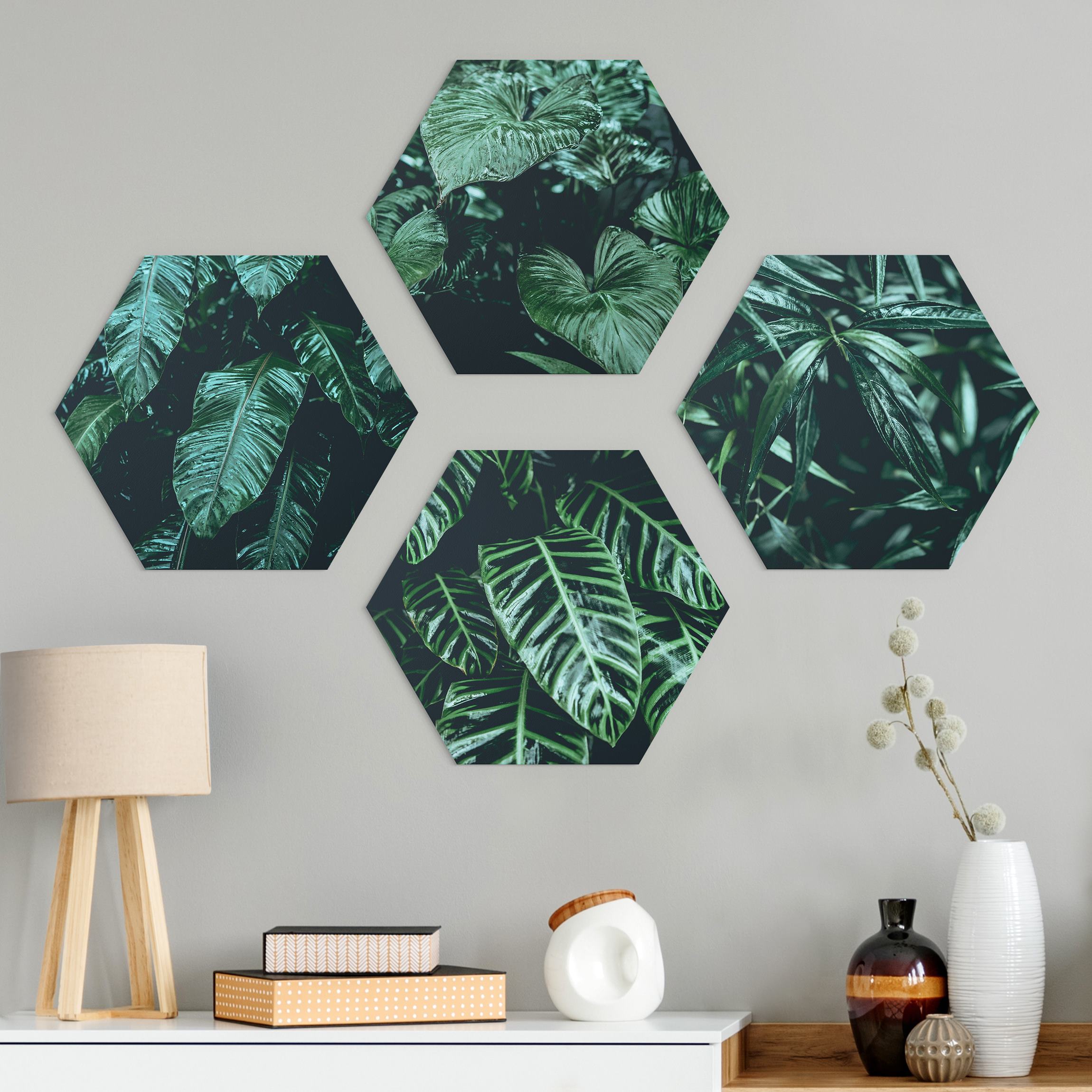 4-teiliges Hexagon-Alu-Dibond Bild Tropische Pflanzen