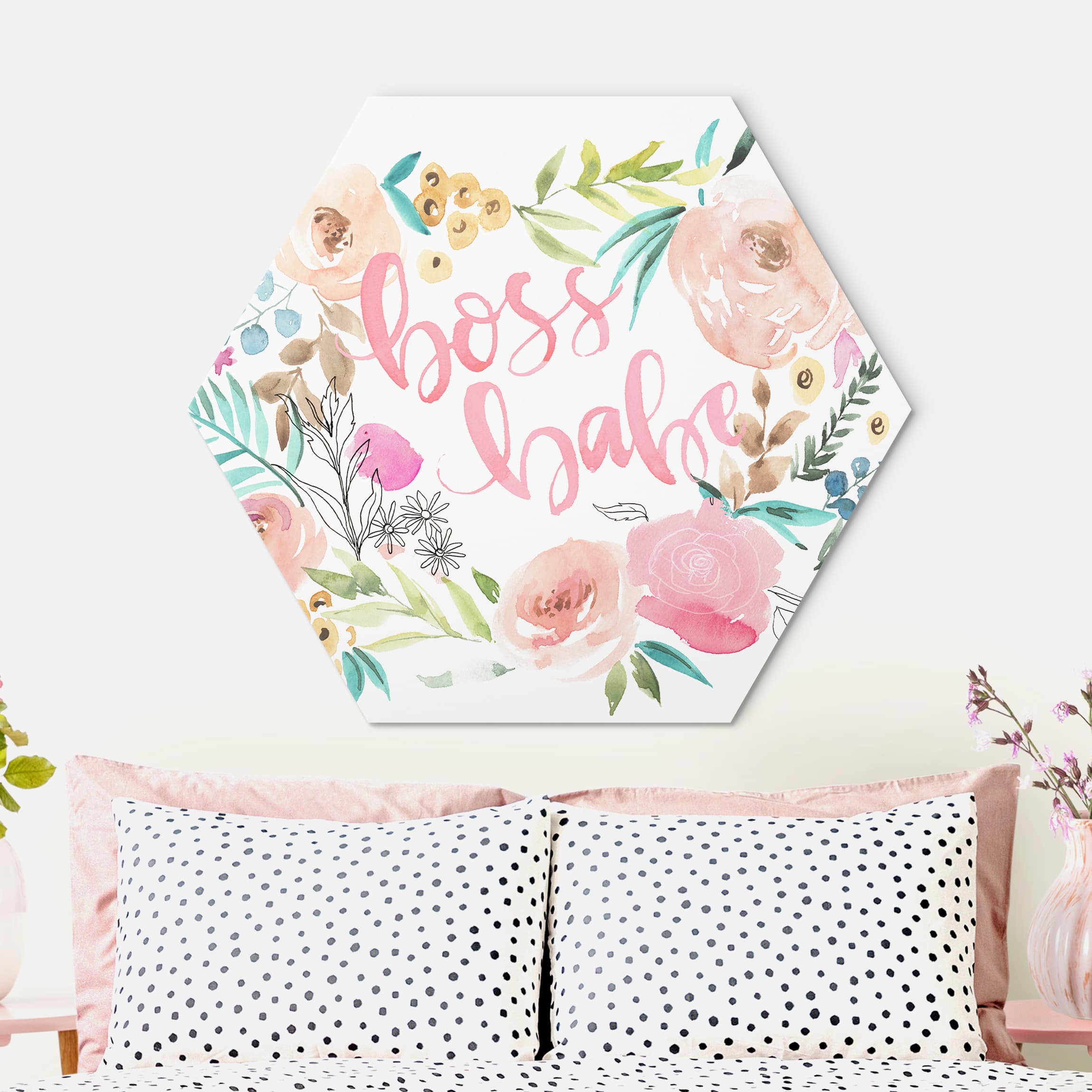 Hexagon-Alu-Dibond Bild Rosa Blüten - Boss Babe