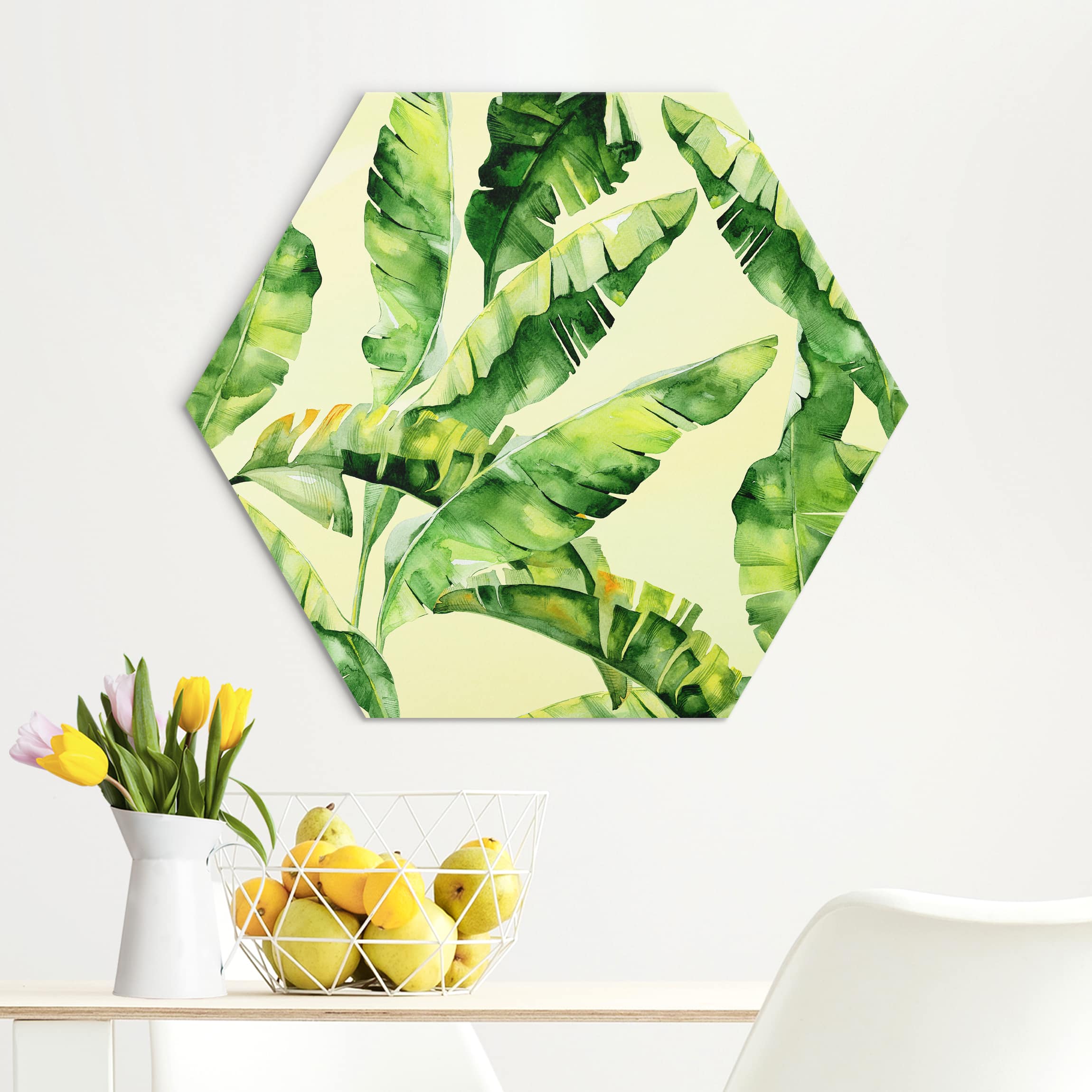 Hexagon-Alu-Dibond Bild Bananenblätter Aquarell