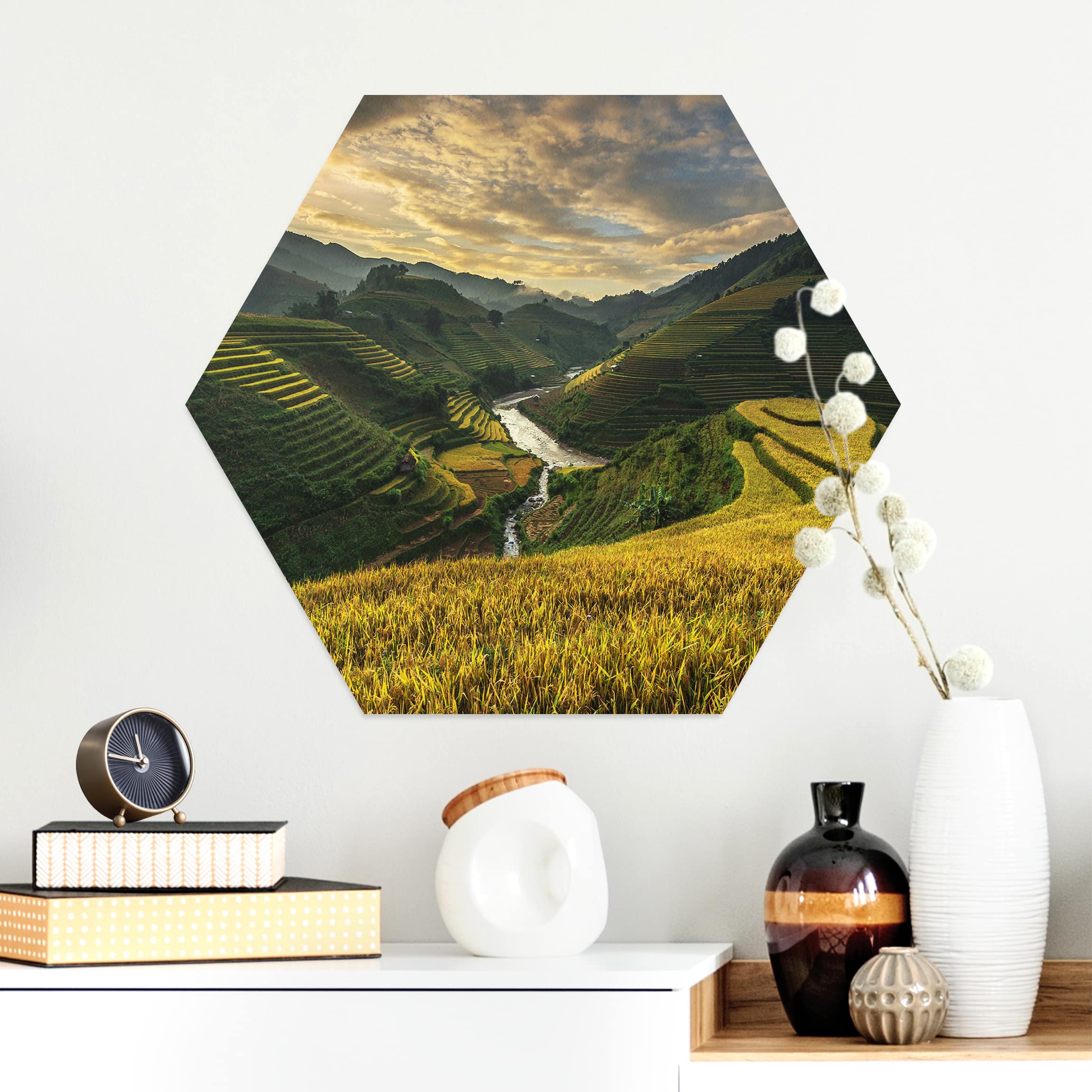 Hexagon-Alu-Dibond Bild Reisplantagen in Vietnam