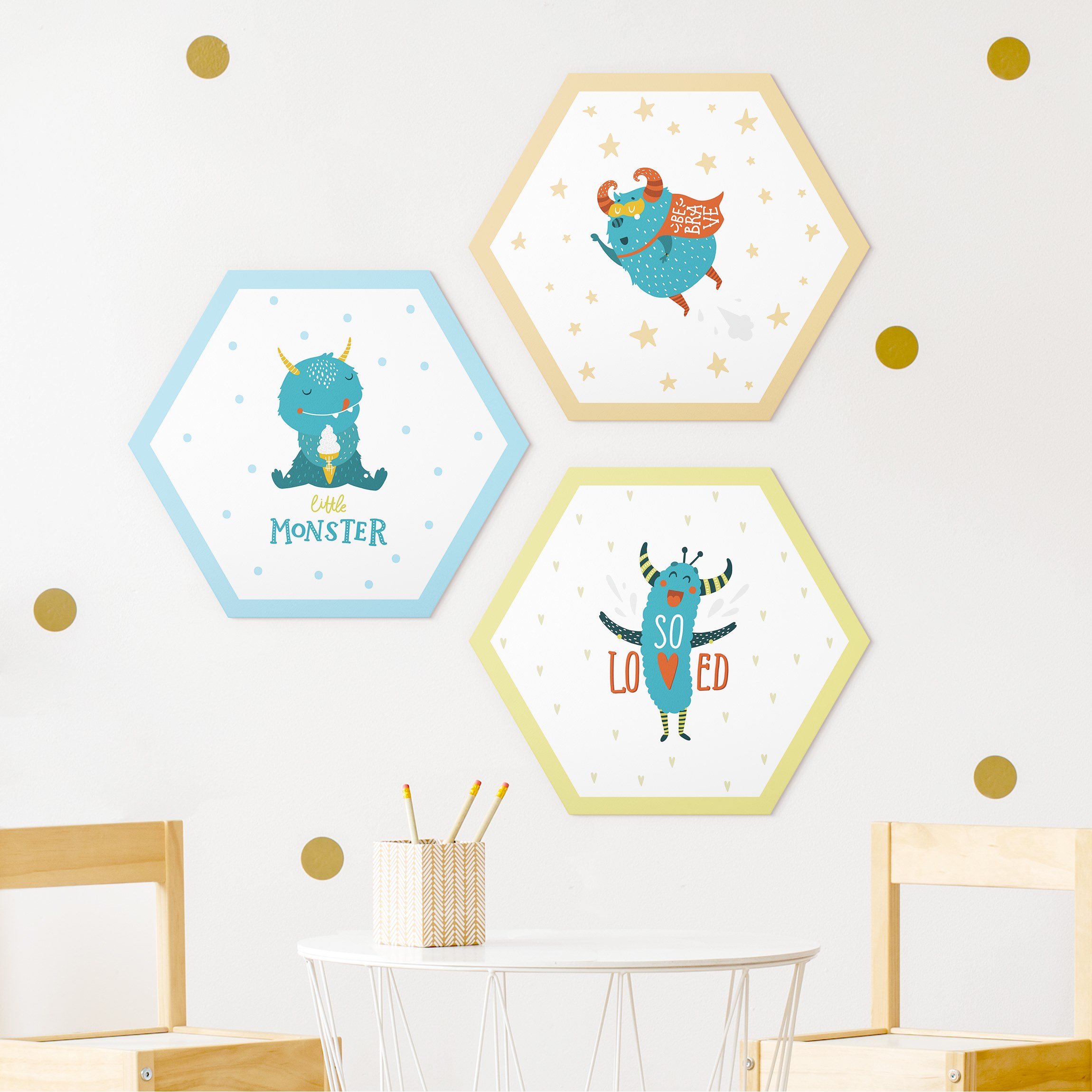 3-teiliges Hexagon-Forexbild Süße Monster Set III
