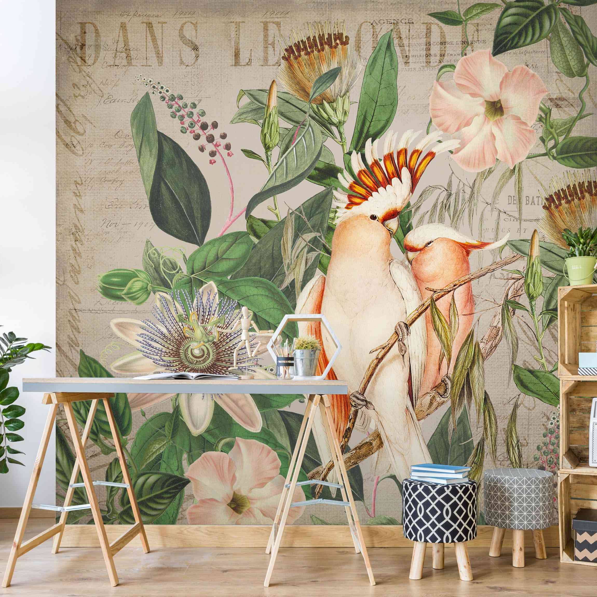 Fototapete Blumen Colonial Style Collage - Rosa Kakadu