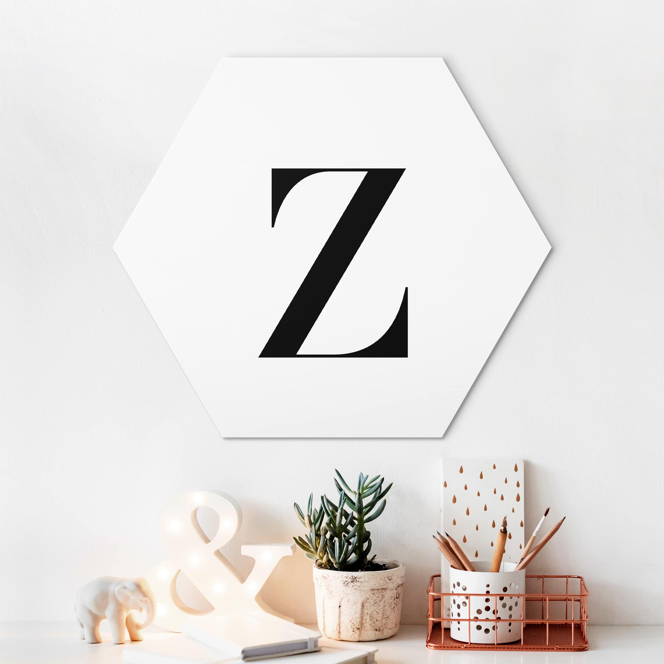 Hexagon-Alu-Dibond Bild Buchstabe Serif Weiß Z