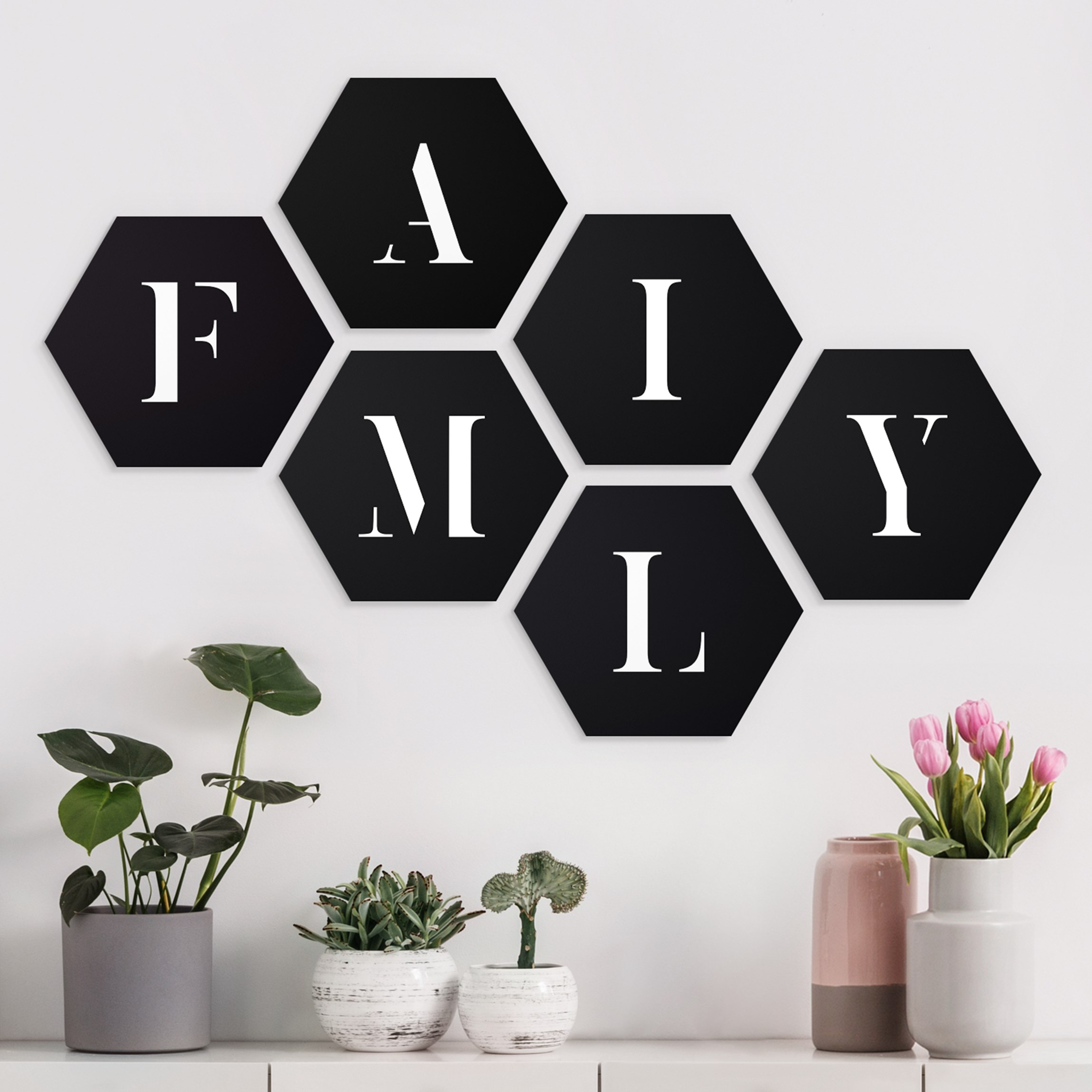 6-teiliges Hexagon-Alu-Dibond Bild Buchstaben FAMILY Weiß Set II