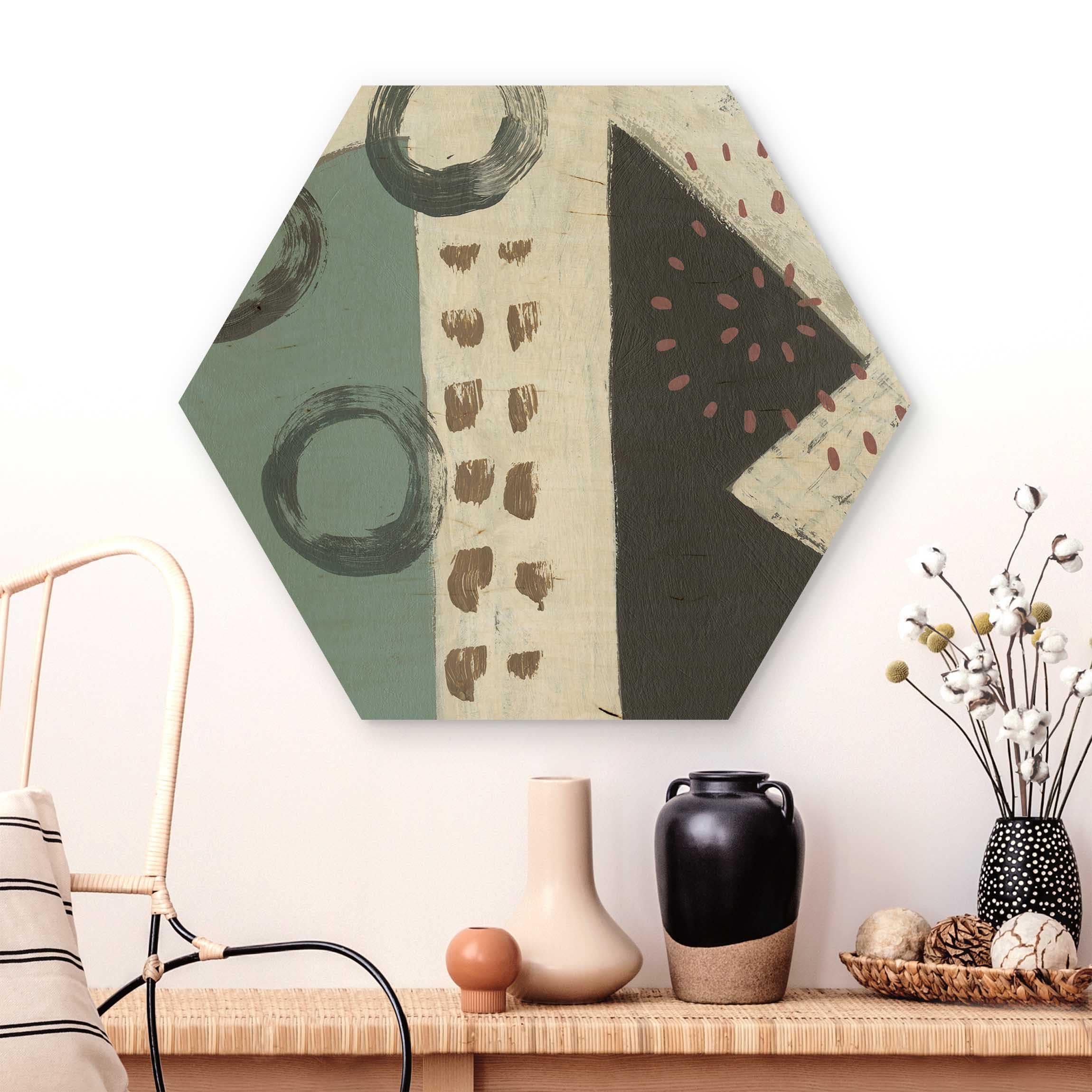 Hexagon-Holzbild Karneval der Formen in Petrol III