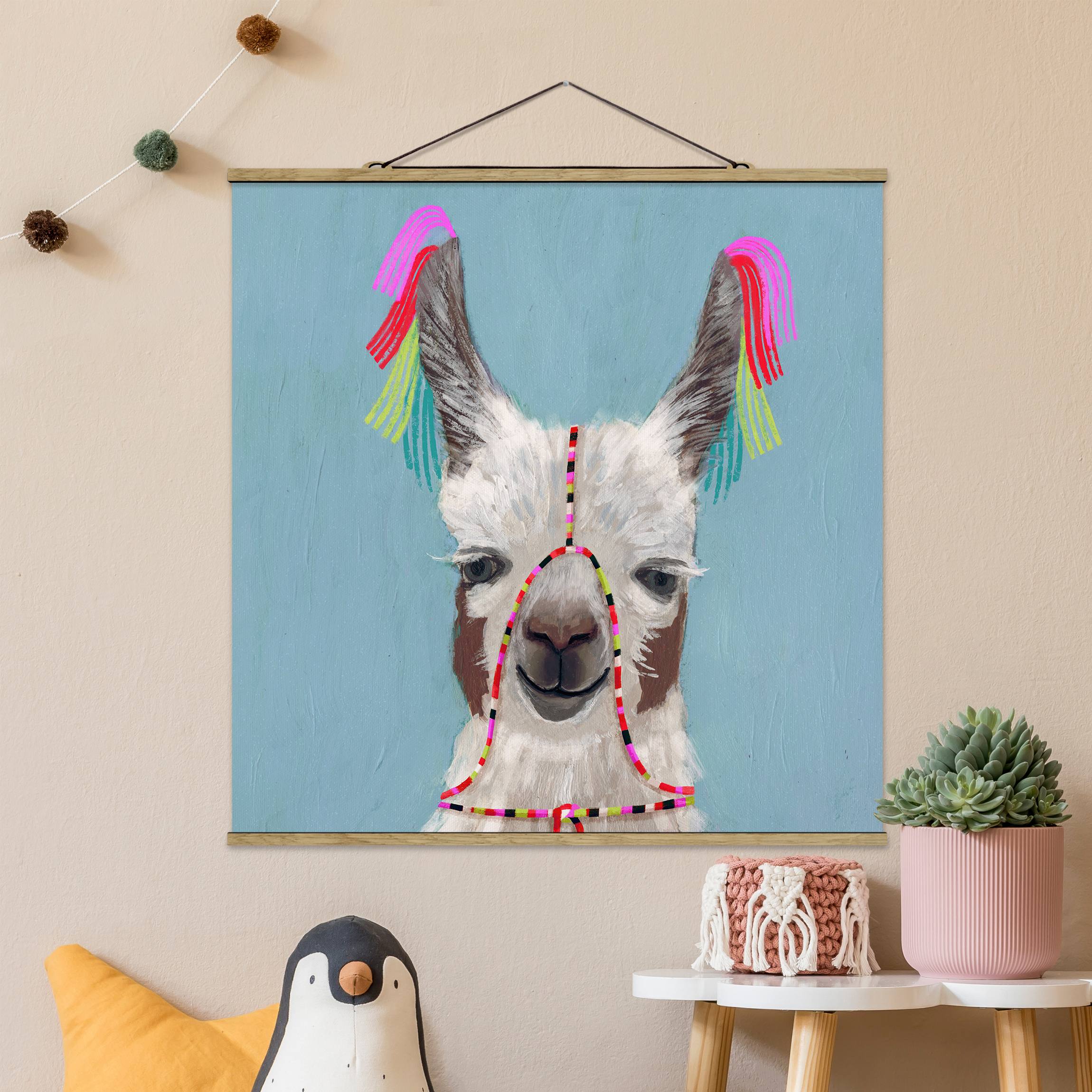 Stoffbild - Quadrat Lama mit Schmuck III