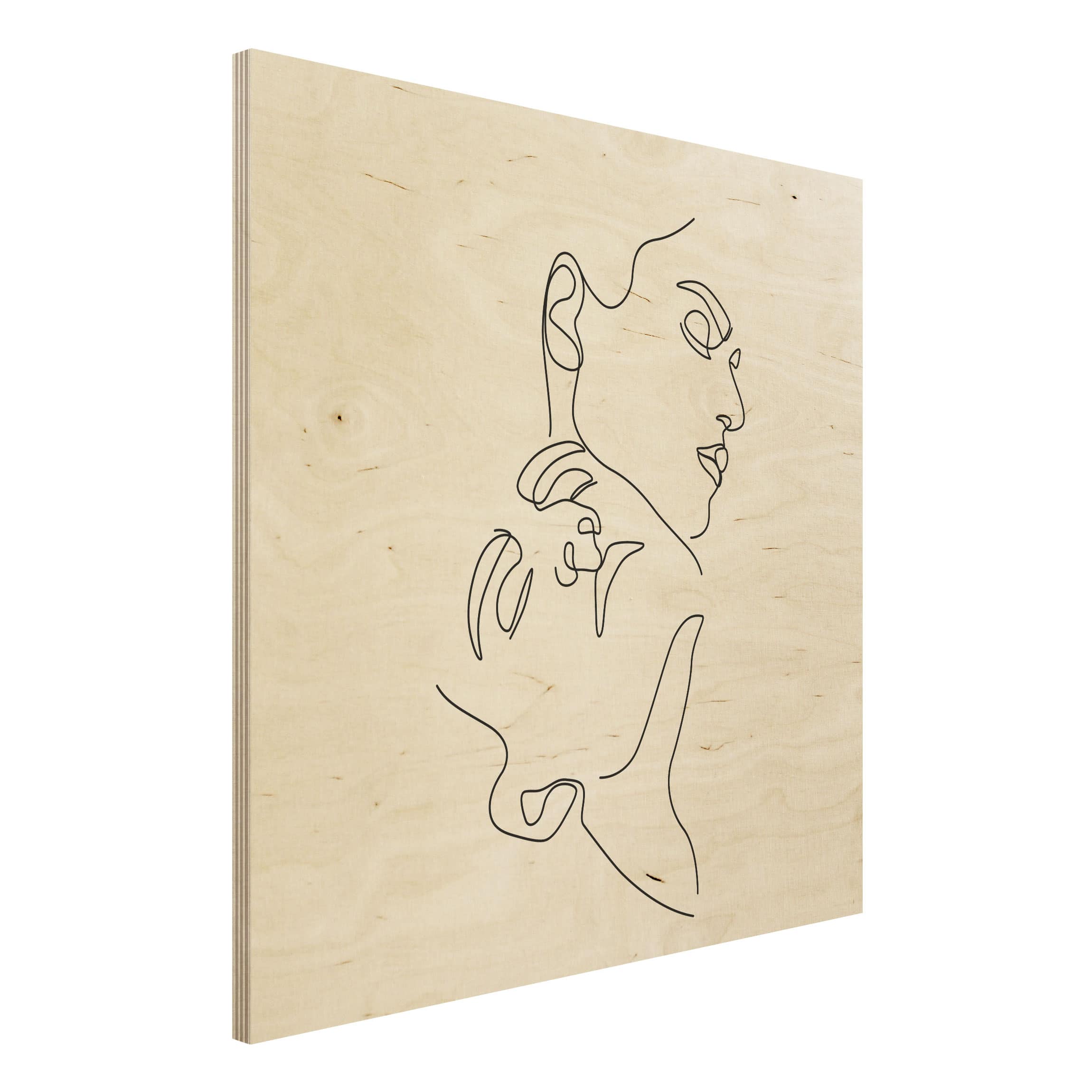 Holzbild - Quadrat Line Art Frauen Gesichter Weiß