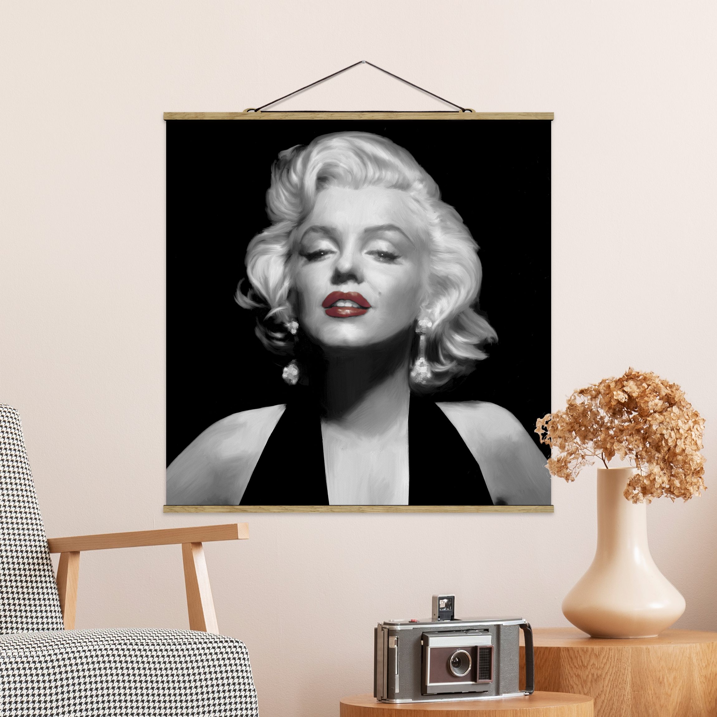 Stoffbild mit Posterleisten Marilyn mit roten Lippen