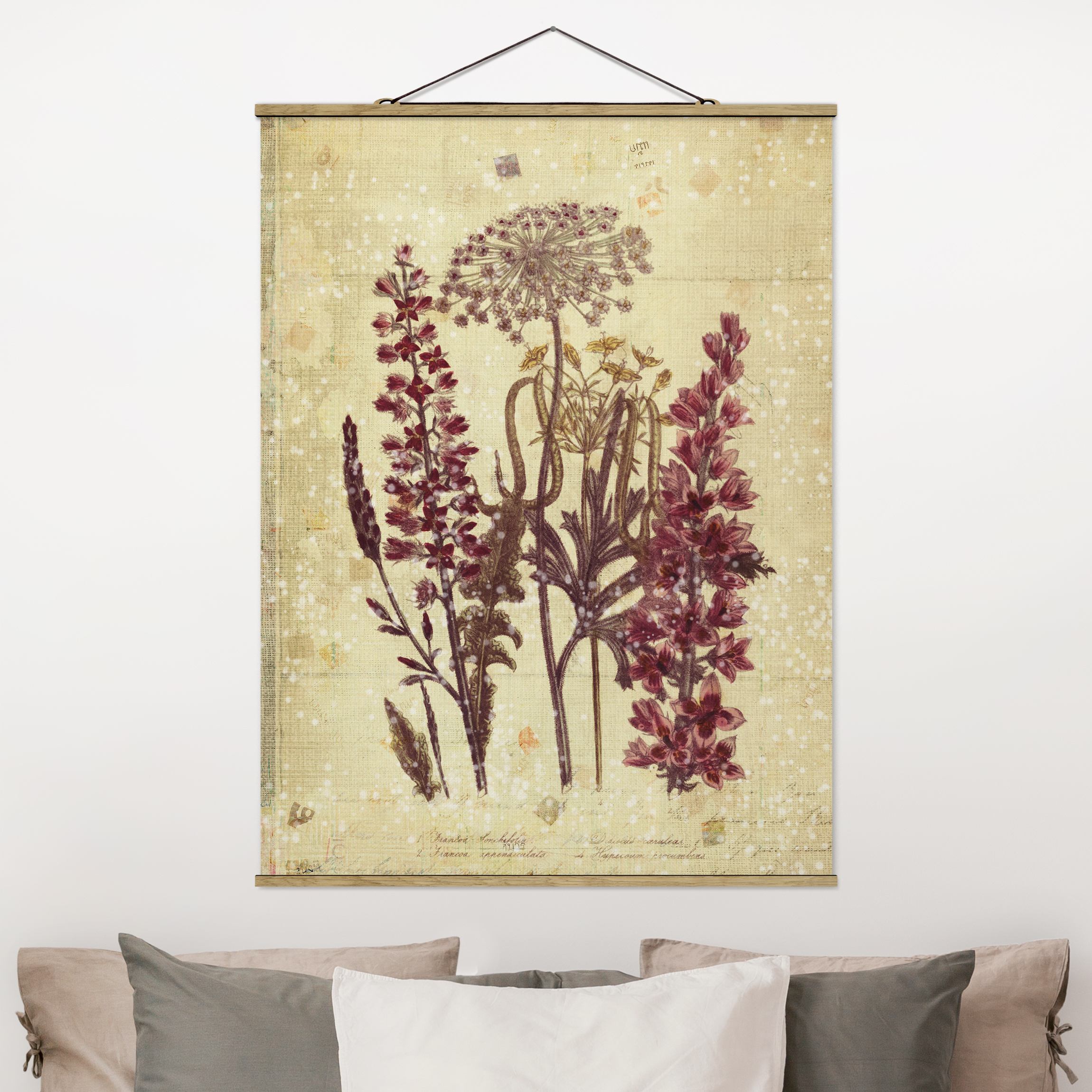 Stoffbild - Hochformat Vintage Leinenoptik Blumen