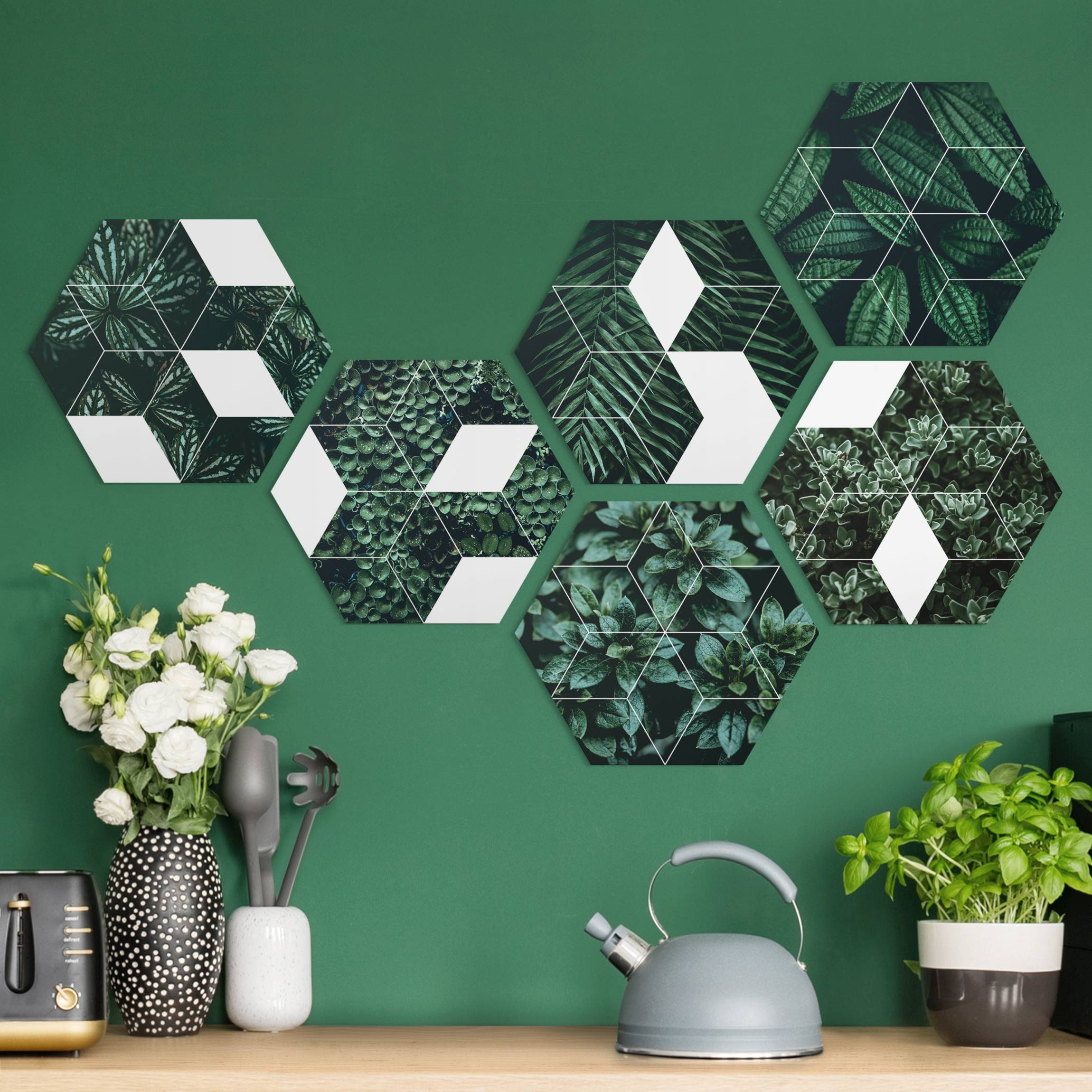 6-teiliges Hexagon-Alu-Dibond Bild Grüne Blätter Geometrie Set II