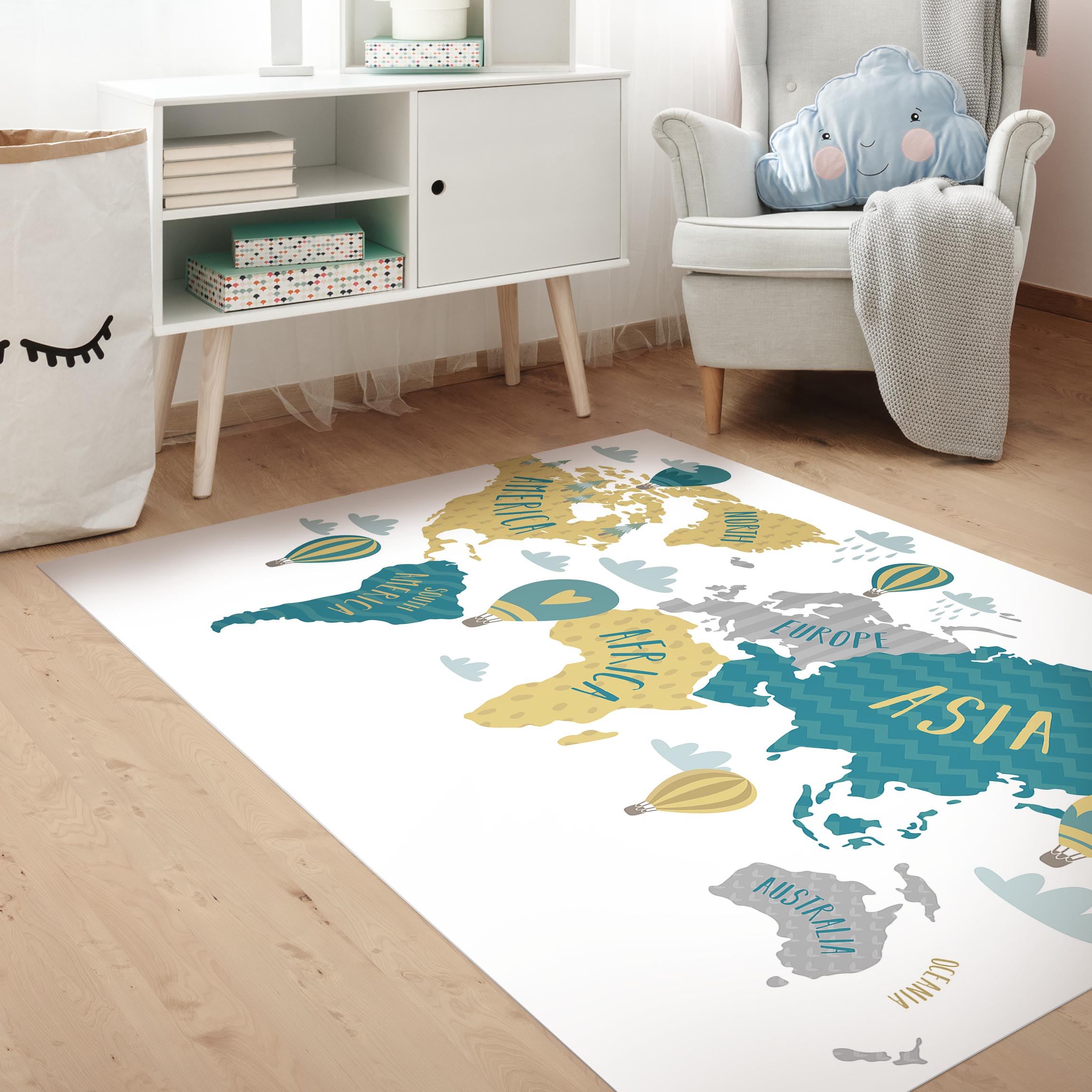 Vinylteppich World Map with Hot-Air Balloon