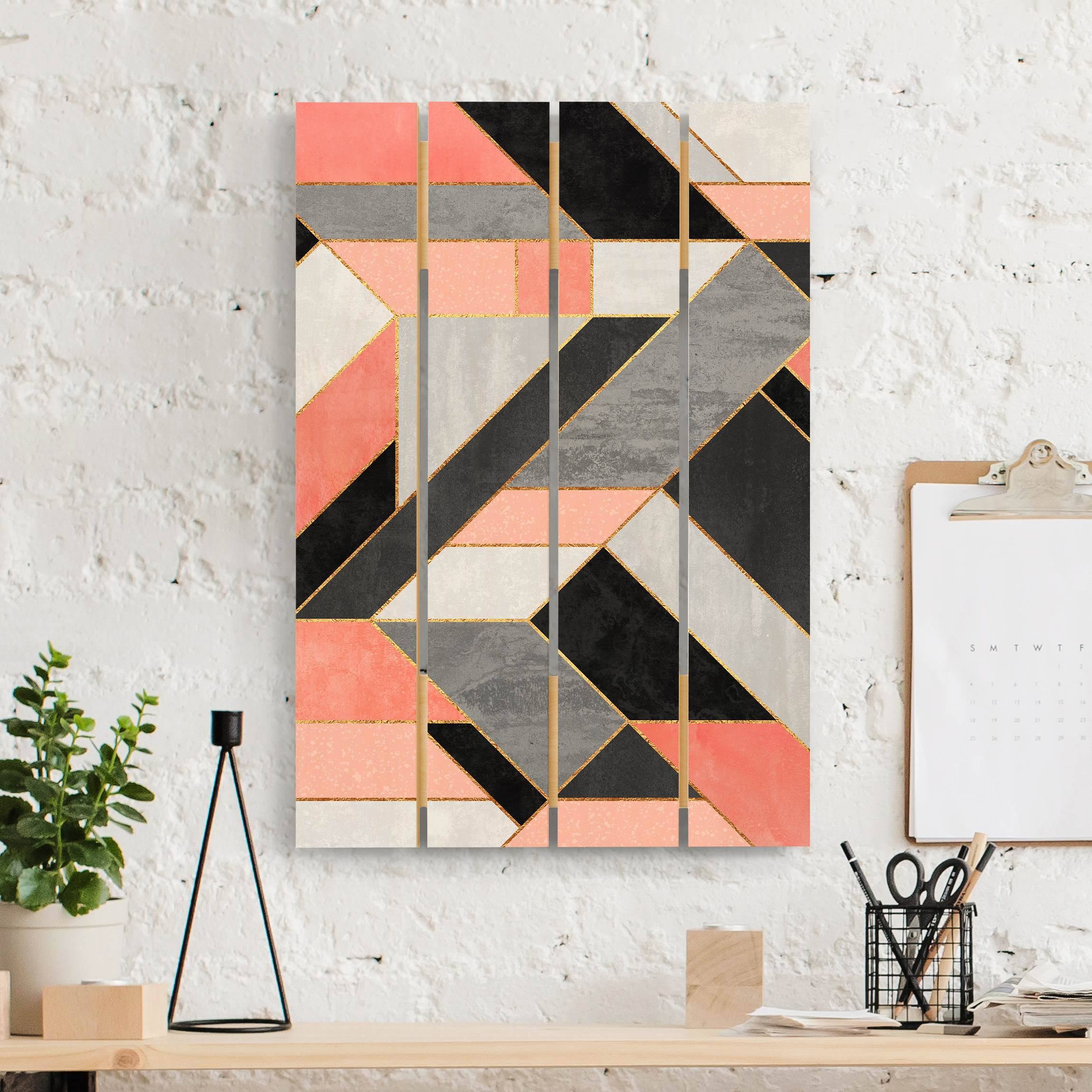 Holzbild Plankenoptik Geometrie Rosa und Gold