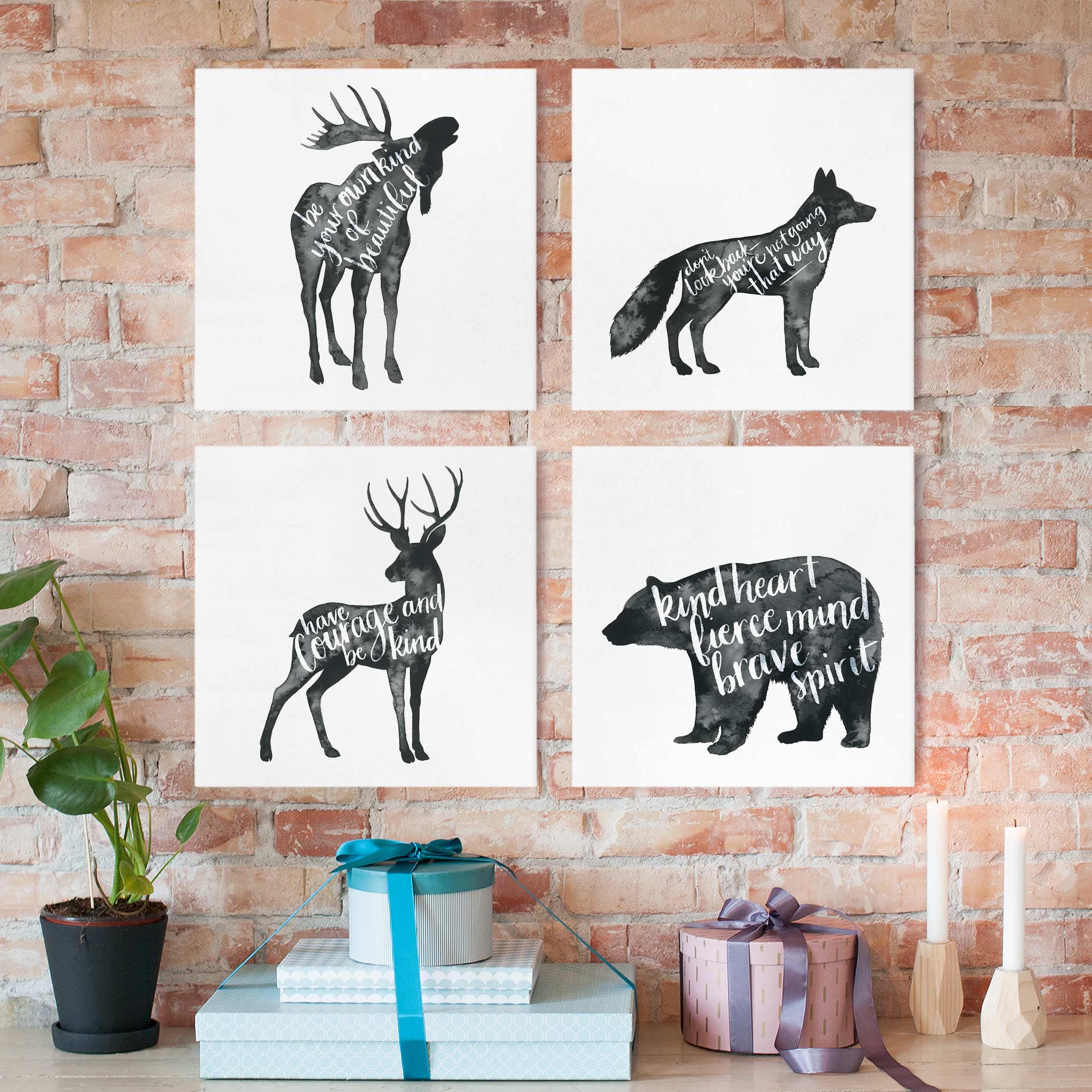 4-teiliges Leinwandbild - Quadrat Tiere mit Weisheit Set I