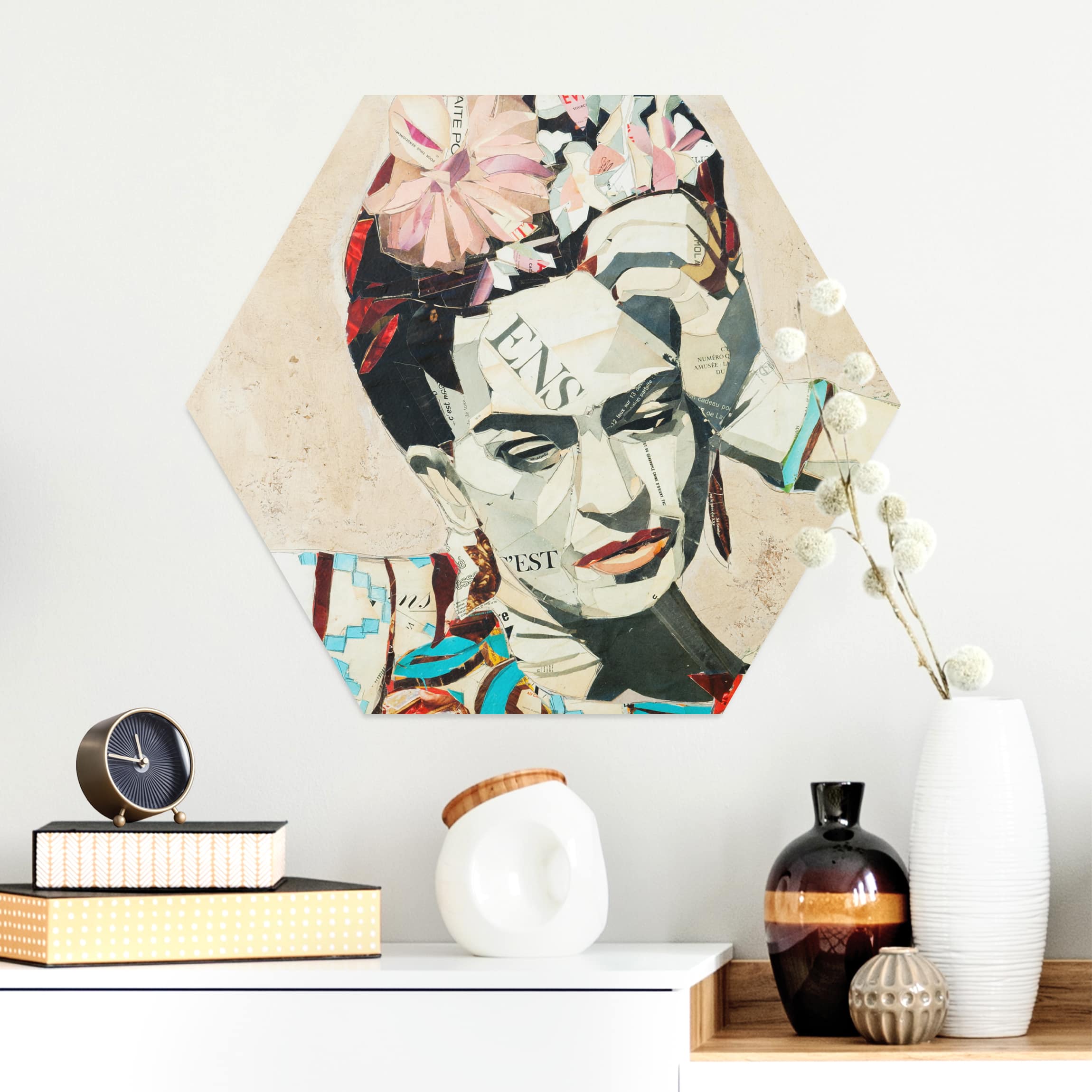 Hexagon-Alu-Dibond Bild Frida Kahlo - Collage No.1
