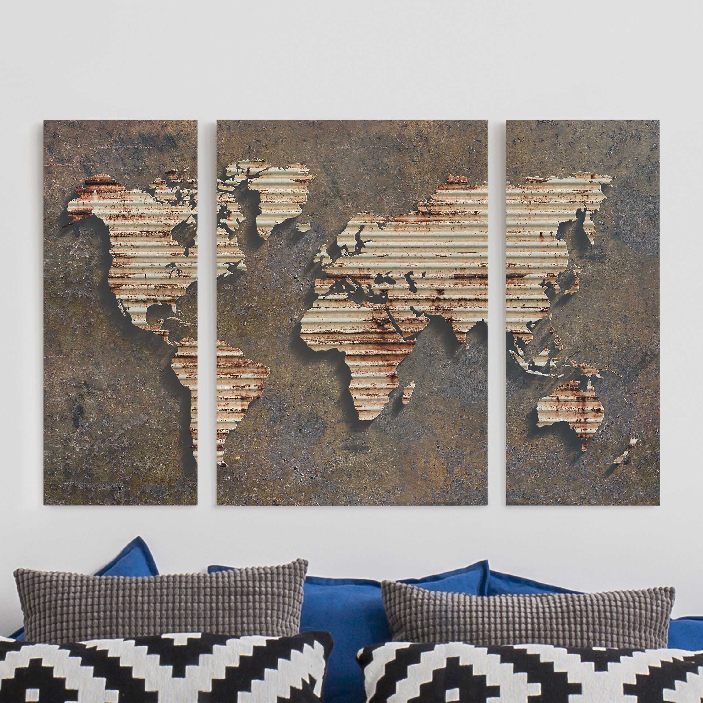 3-teiliges Leinwandbild Weltkarte Rost Weltkarte