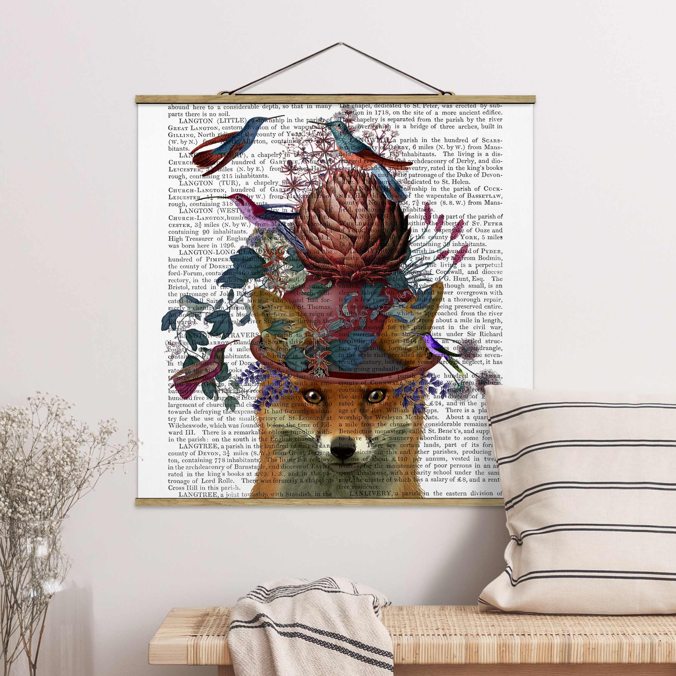 Stoffbild mit Posterleisten Vogelfänger - Fuchs mit Artischocke