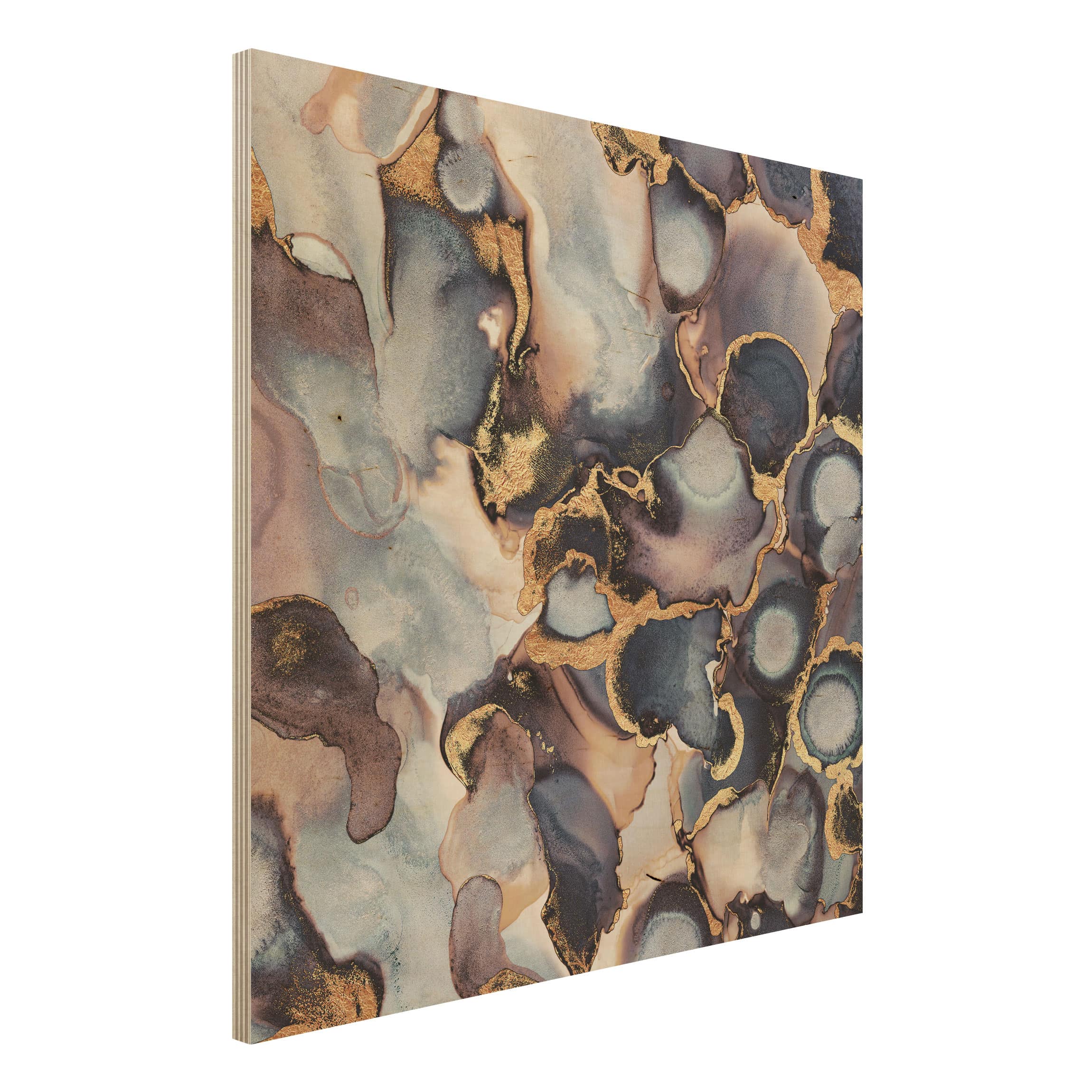 Holzbild - Quadrat Marmor Aquarell mit Gold