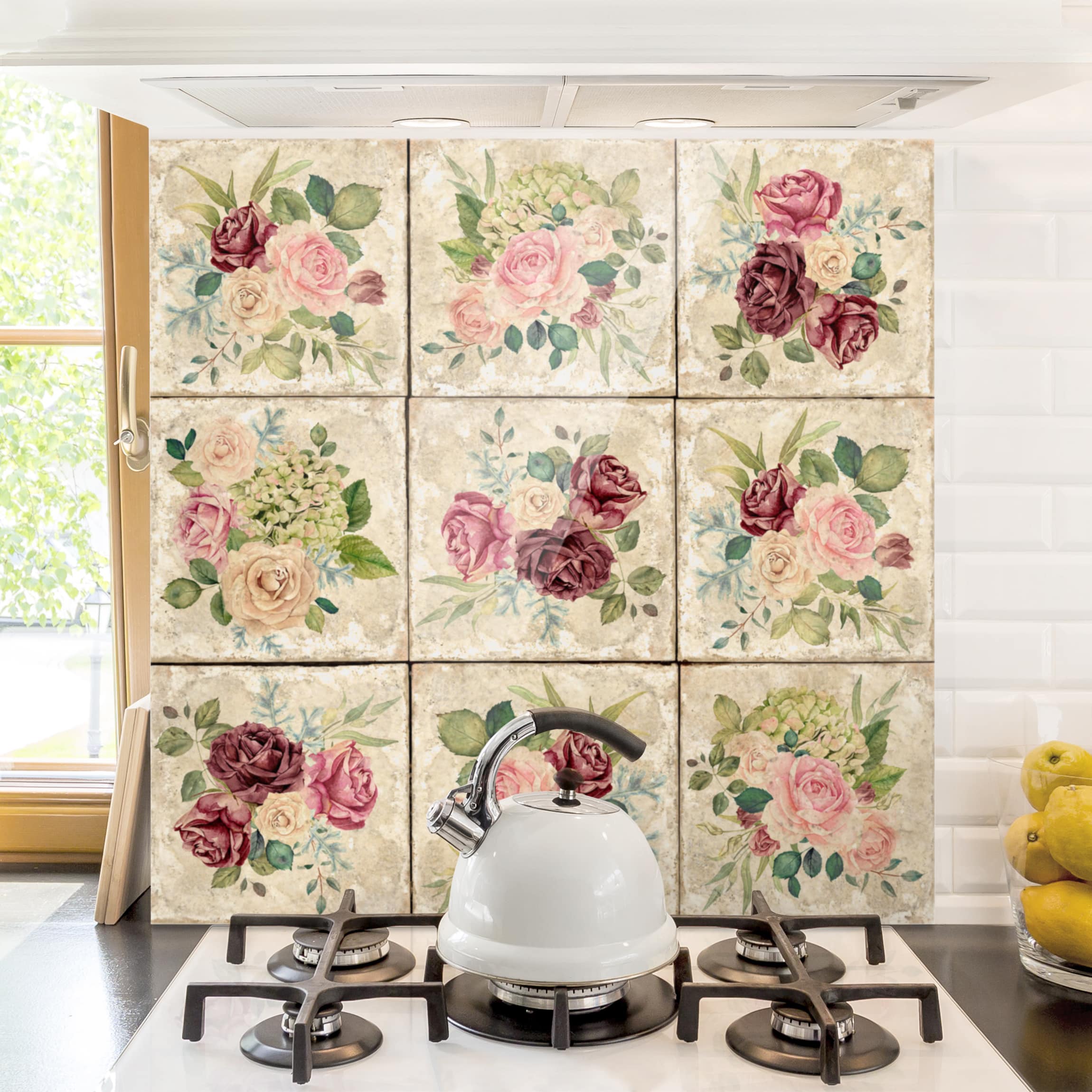 Spritzschutz Vintage Rosen und Hortensien