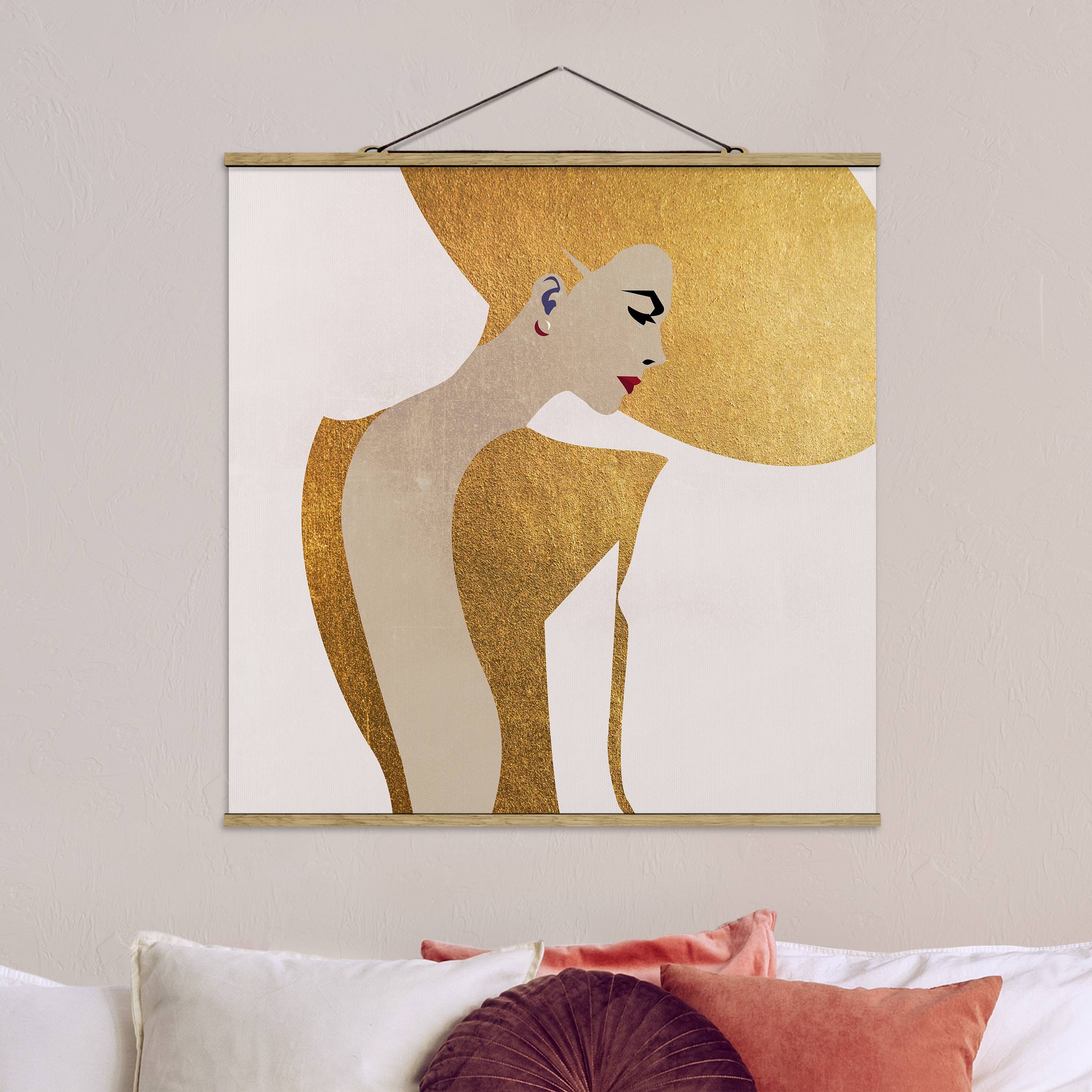 Stoffbild mit Posterleisten Dame mit Hut in Gold