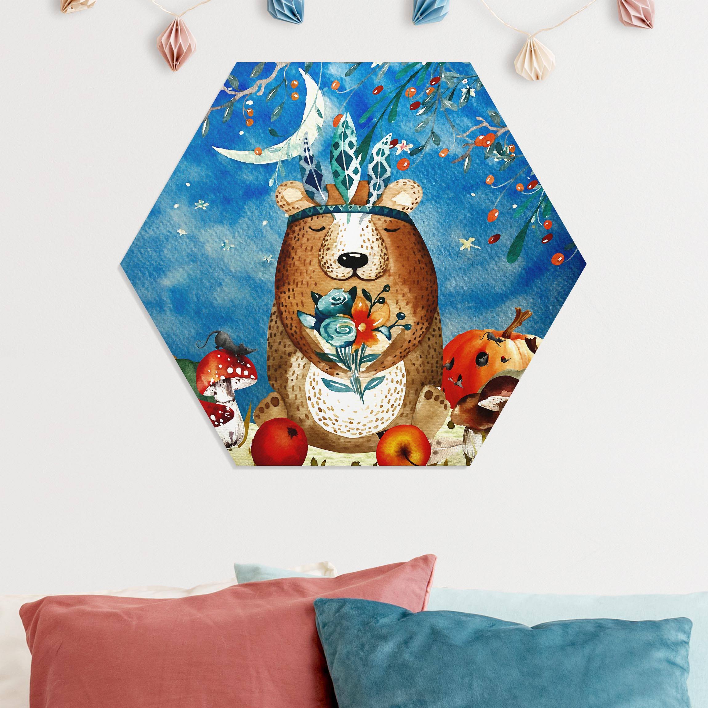 Hexagon-Forexbild Aquarell Bär im Mondschein