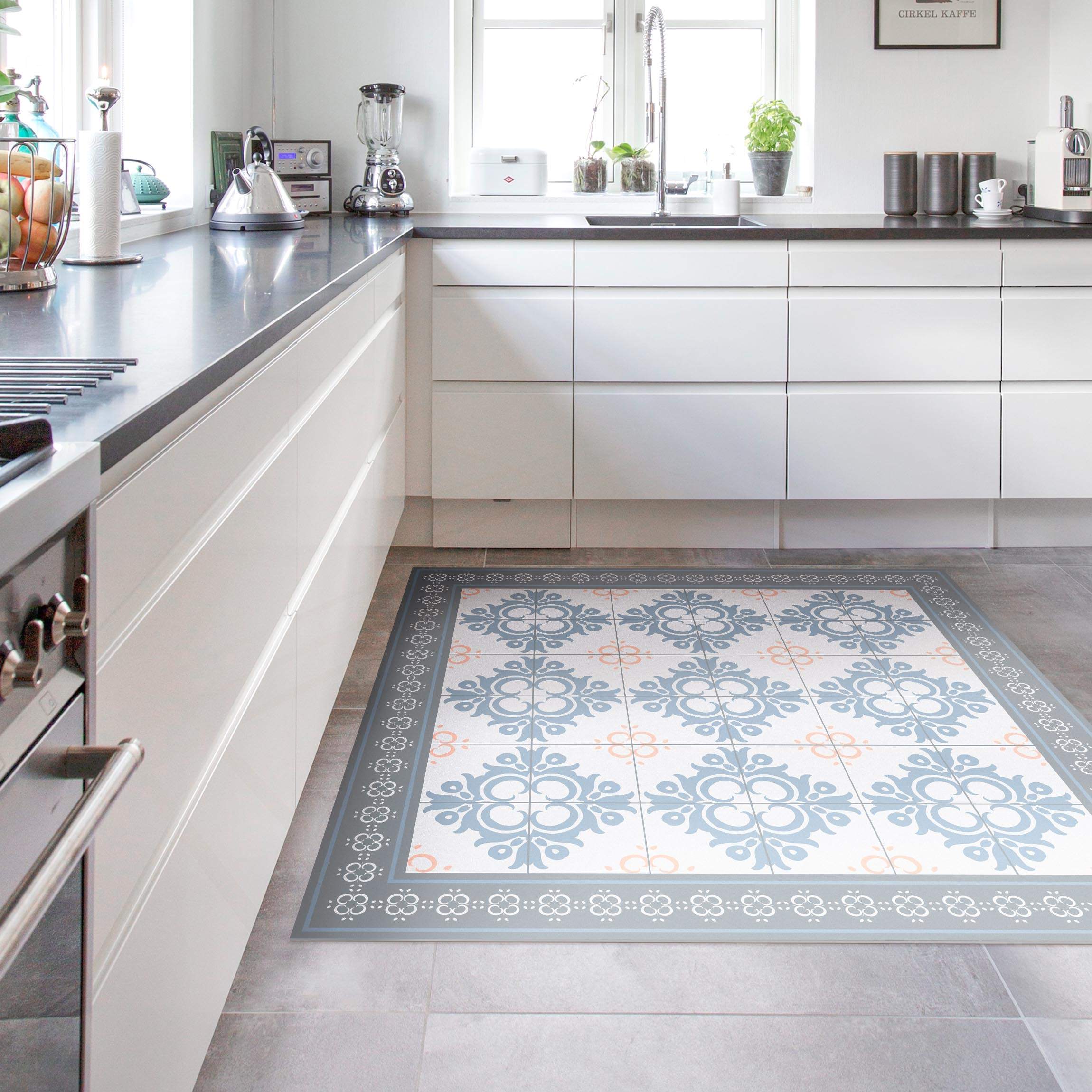 Vinylteppich Florale Fliesen Orange Blaue Knospen mit Bordüre