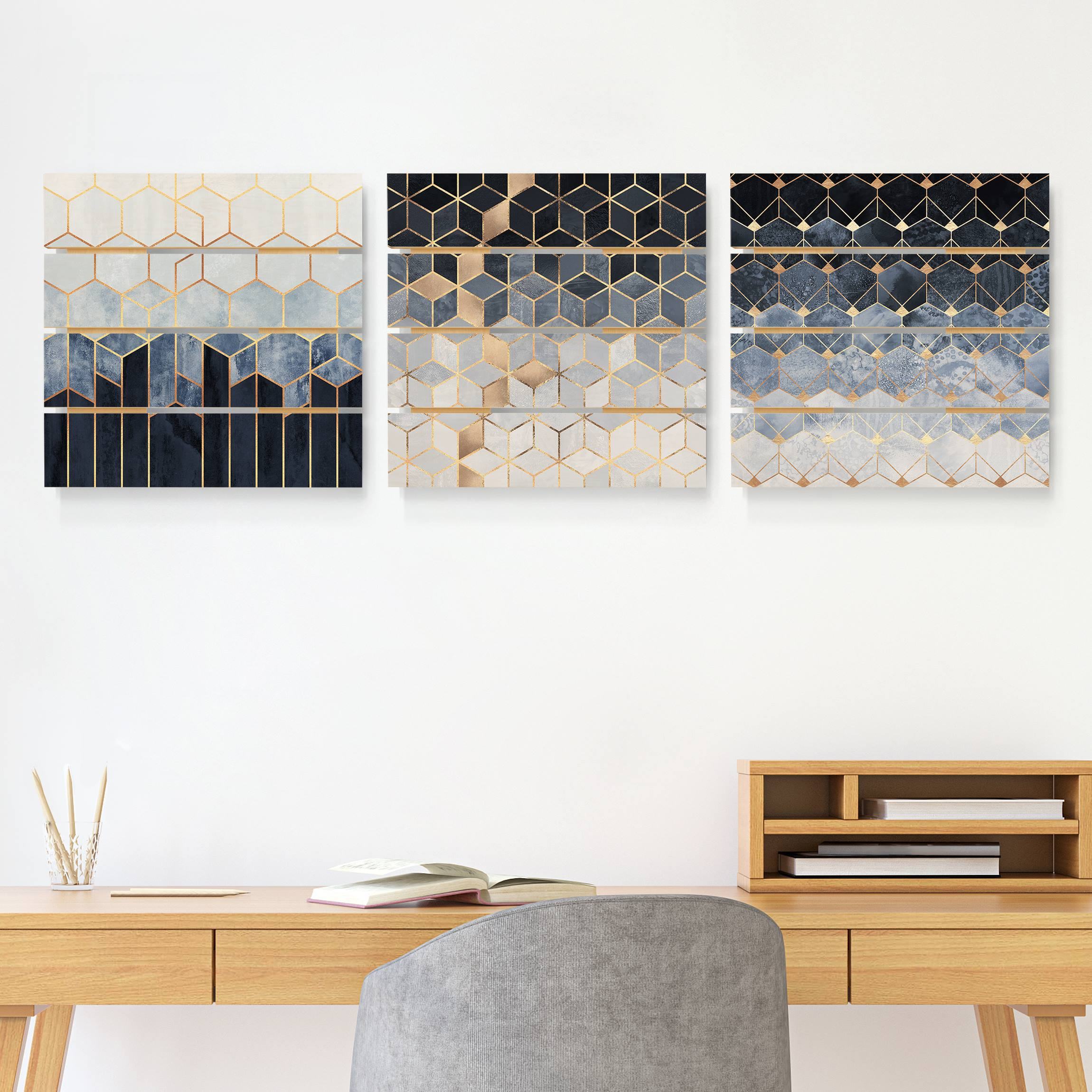 3-teiliges Holzbild Plankenoptik - Quadrat Blau Weiß goldene Sechsecke Set